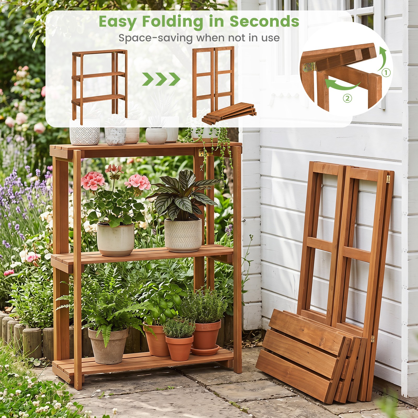 Folding Wooden Storage Shelves, 3-Tier Plant Stand Indoor Outdoor for Entryway