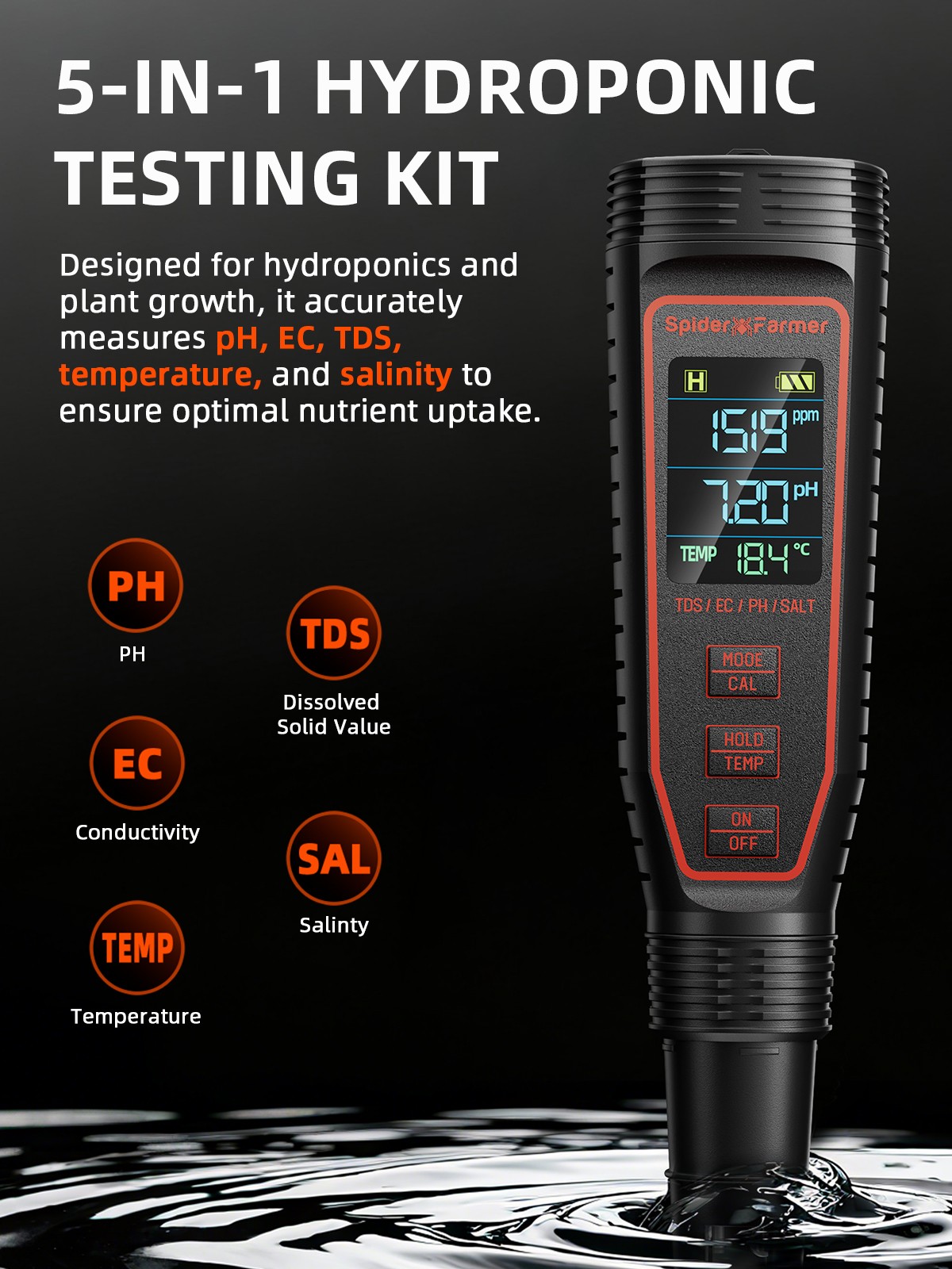 Spider Farmer 5-in-1 TDS/PH Hydroponic Meter Kit with a high-sensitivity sensor