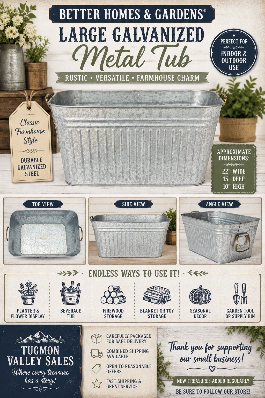 Better Homes & Gardens Large Galvanized Metal Tub Planter Bin 22x15x10 Farmhouse
