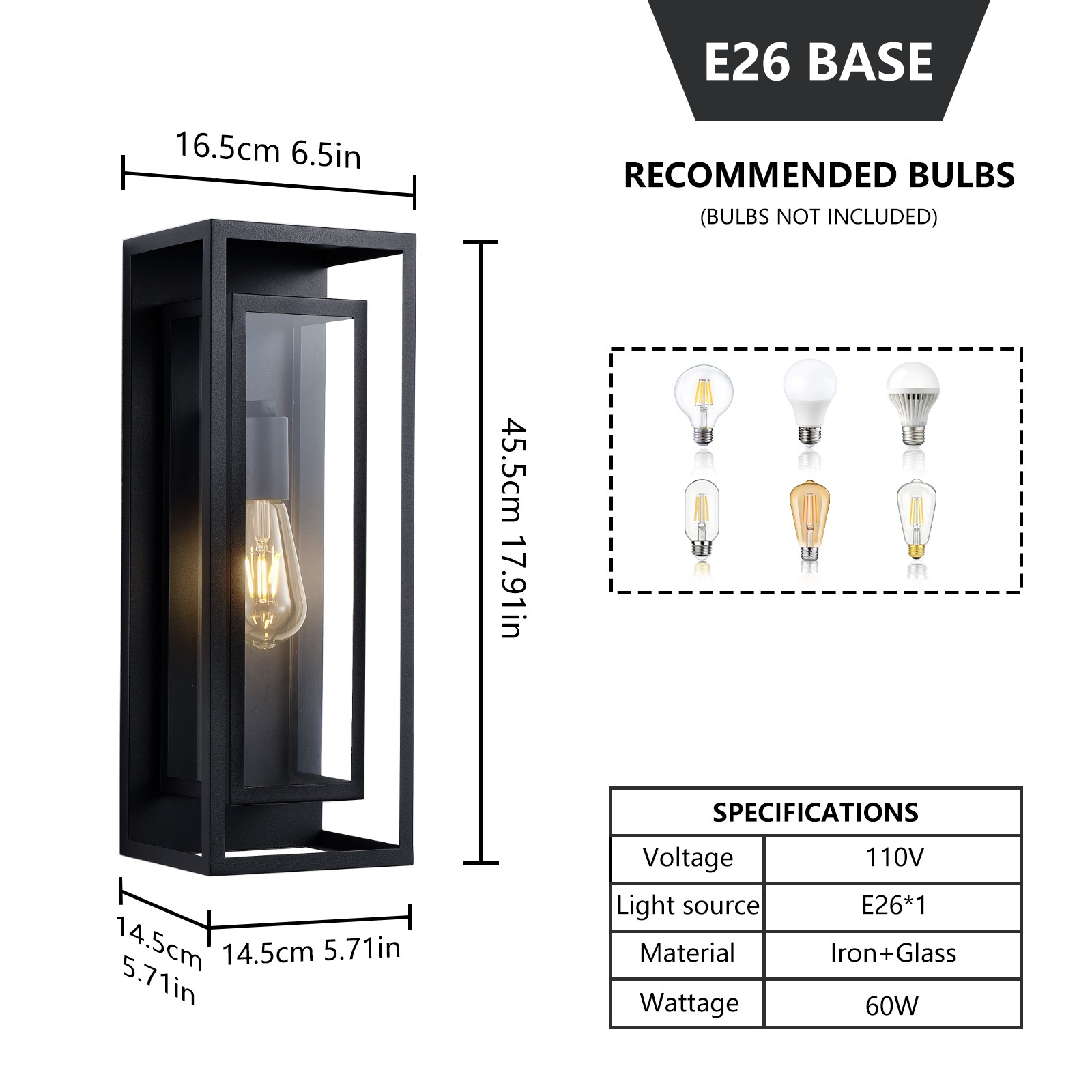 2 Pack 18″ Black Modern Outdoor Wall Lantern Glass Entryway Patio Sconce Light