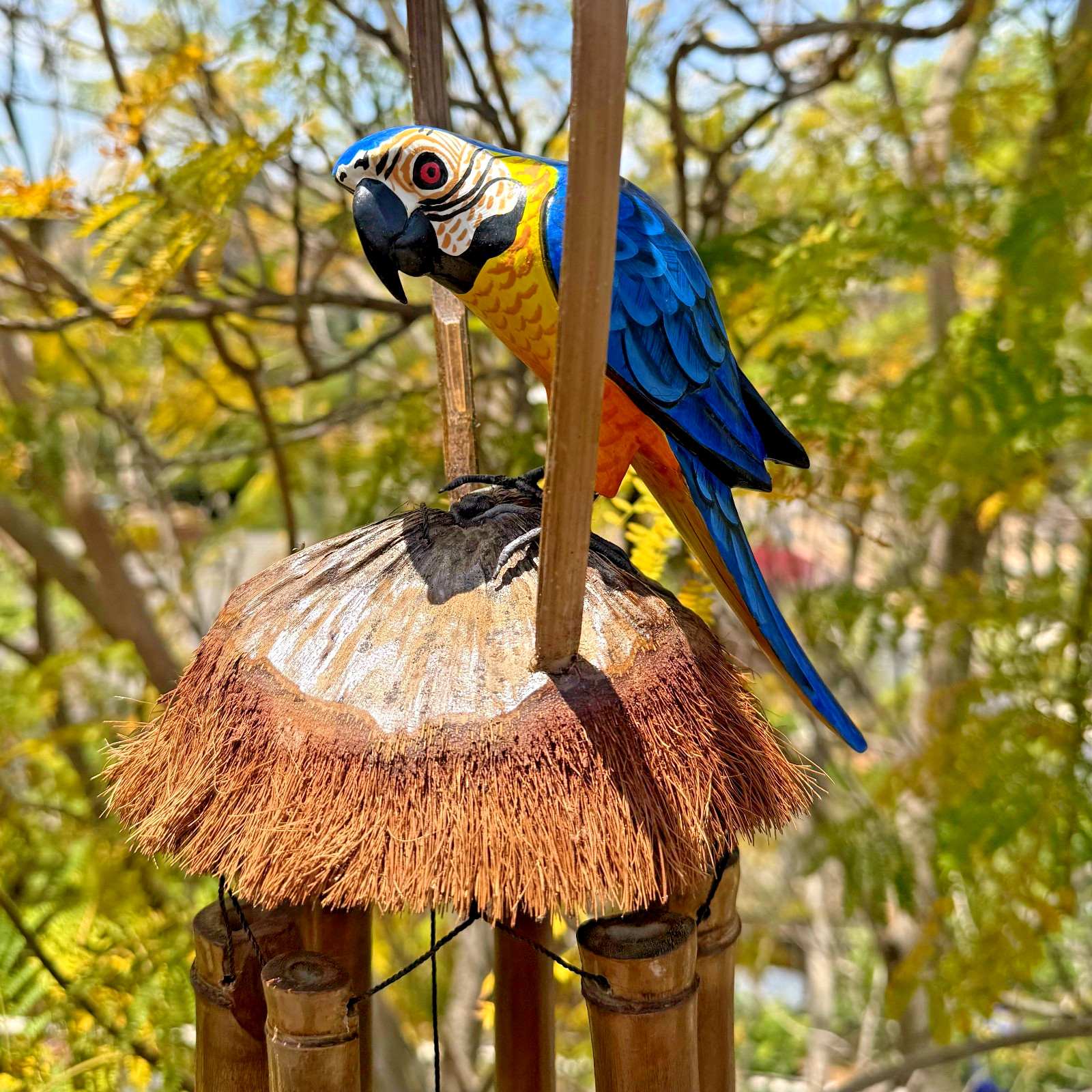 Tropical Blue Parrot Wooden Bird Bamboo Wind chime Tiki Bar tropical Decor