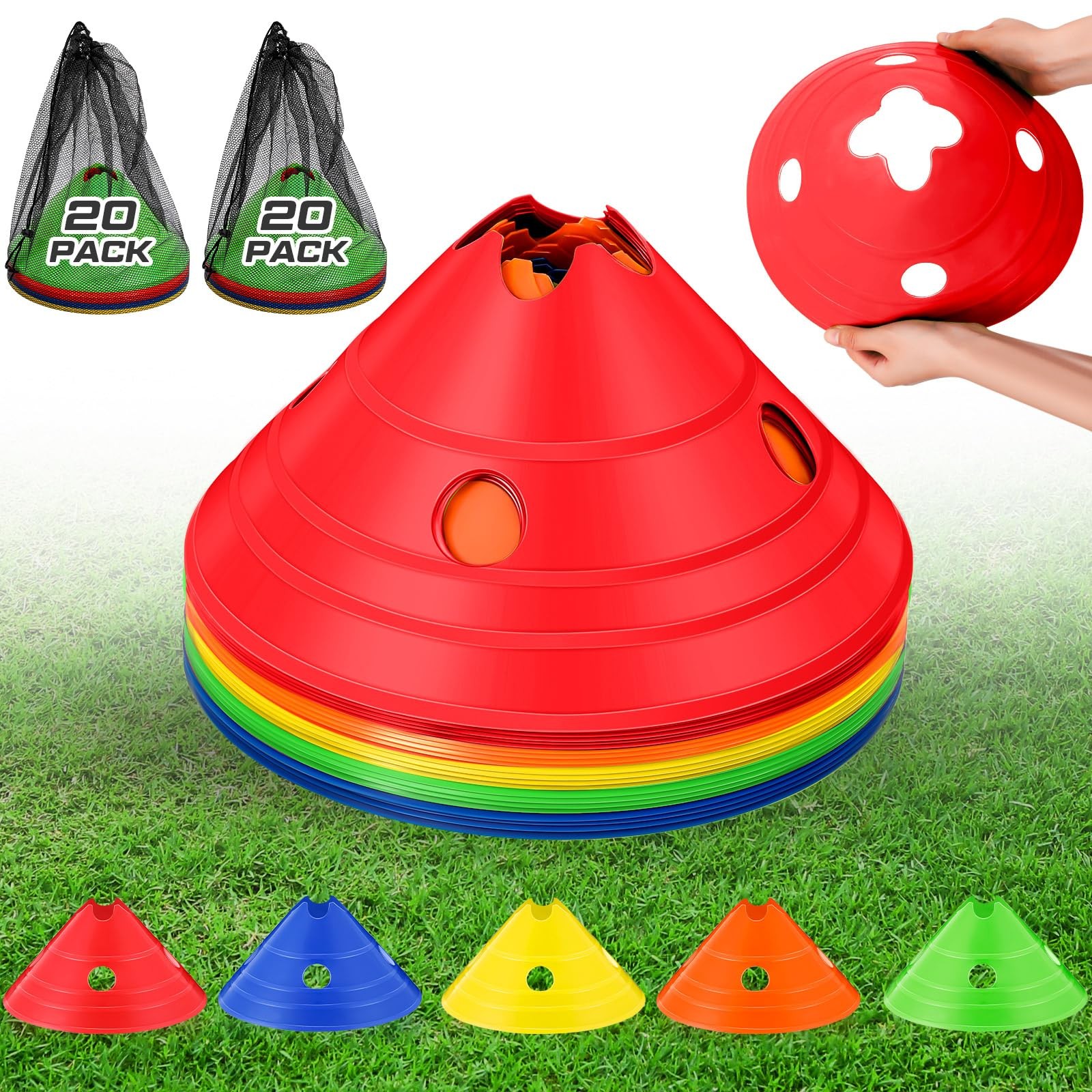 ShinyRelief Jumbo Disc Cones: 10 Pc Soccer Training Set w/Mesh Bag – Multi-Color