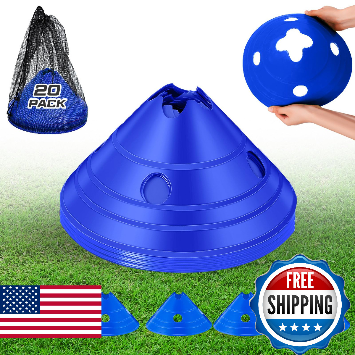 ShinyRelief Jumbo Soccer Cones with Mesh Bag, Large Agility Training, Blue, 20-P