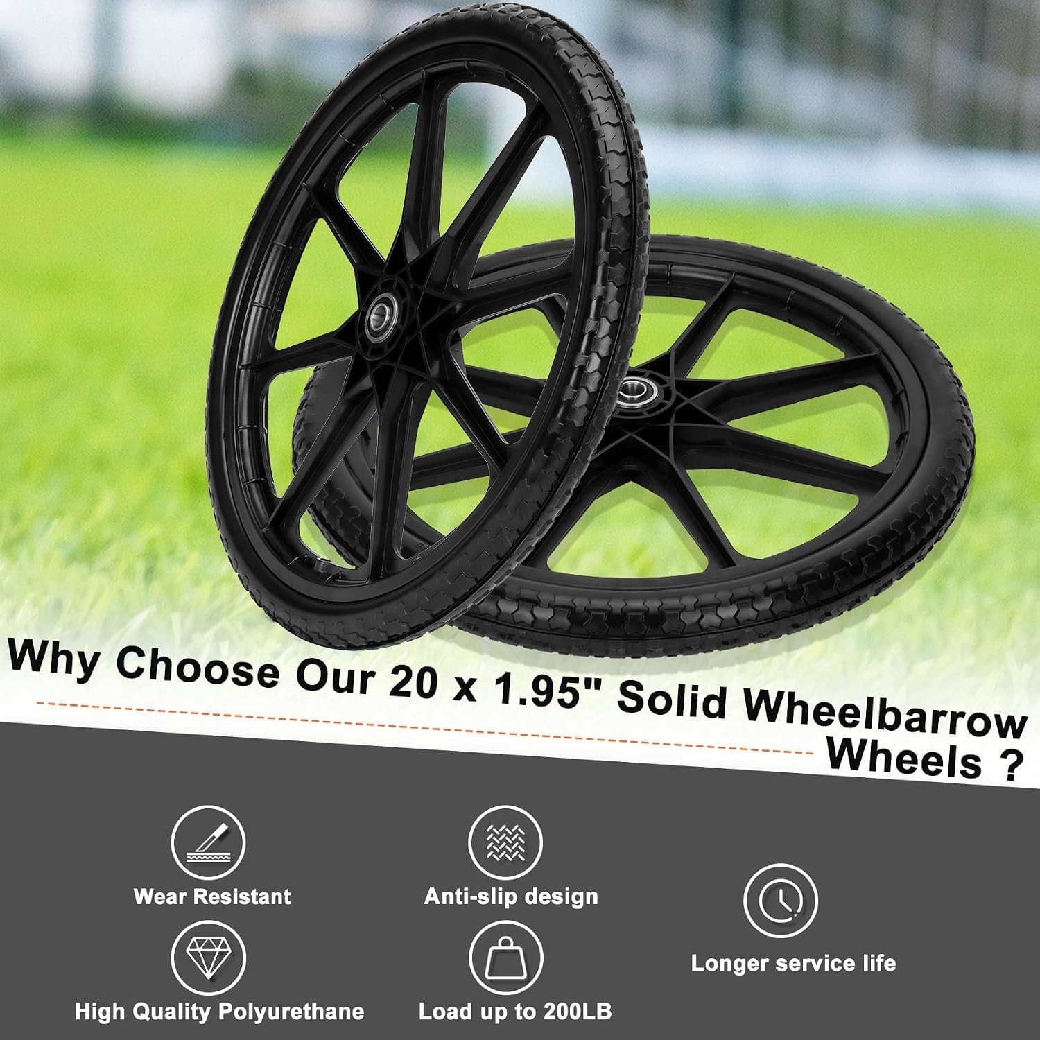 2PCS Upgraded 20″ Flat Free Tire & Wheel For Rubbermaid Wheelbarrow Garden US