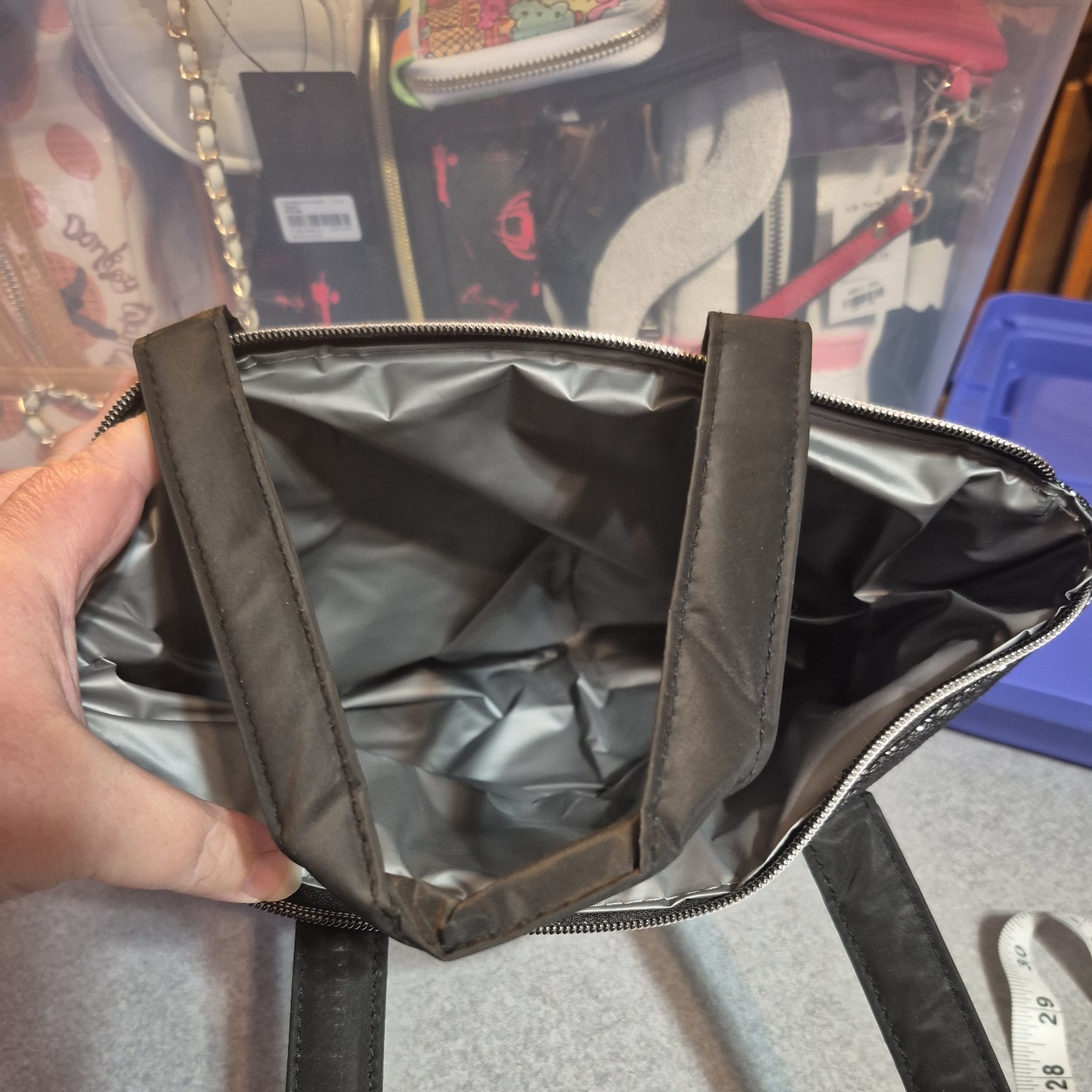 Delia’s black and silver faux snakeskin metallic vinyl zip lunch tote/ handbag
