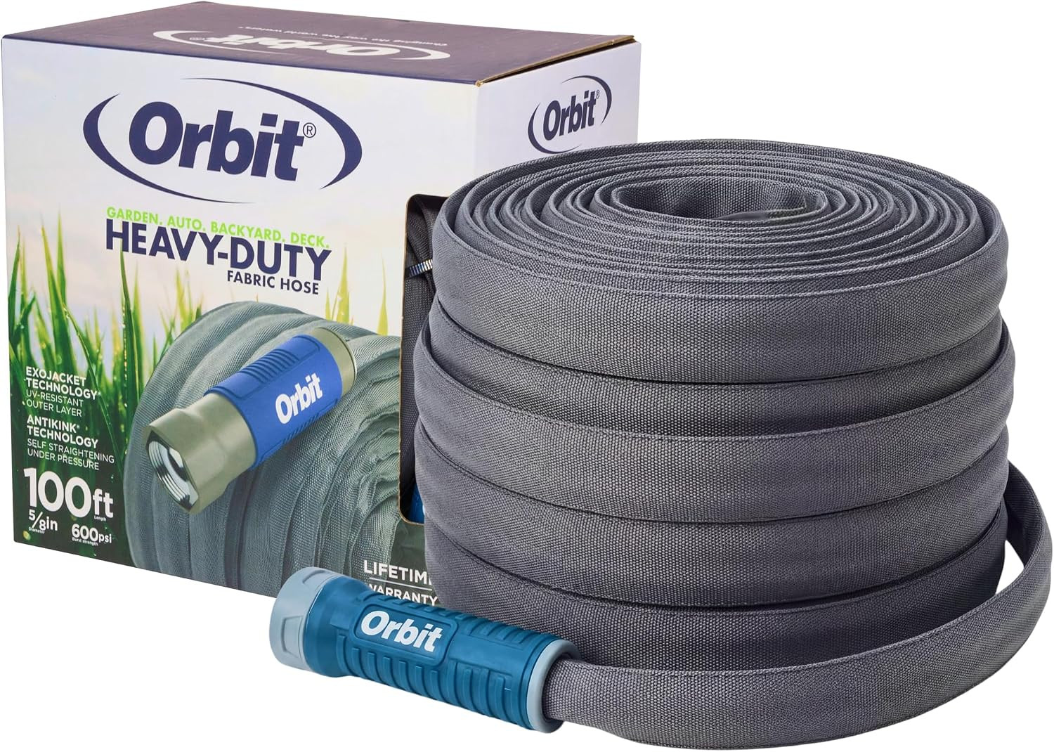 Orbit Exojacket Fabric Garden Hose – 100 Ft X 5/8 in – Heavy-Duty Fabric – Durab