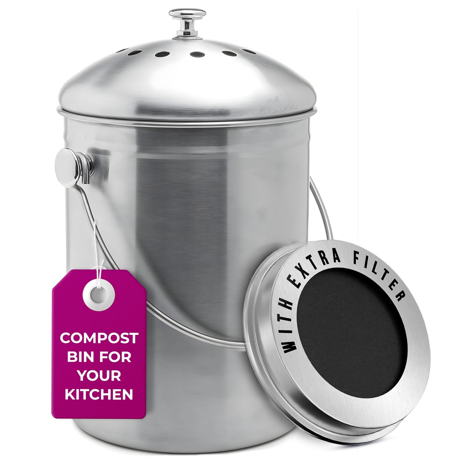 EPICA Stainless Steel Compost Bin Kitchen Odor Control Charcoal Filter 11 Inch