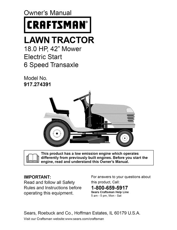 Owner’s Manual Sears Craftsman 18.0 HP Lawn Tractor 42” Mower- Model 917.274391