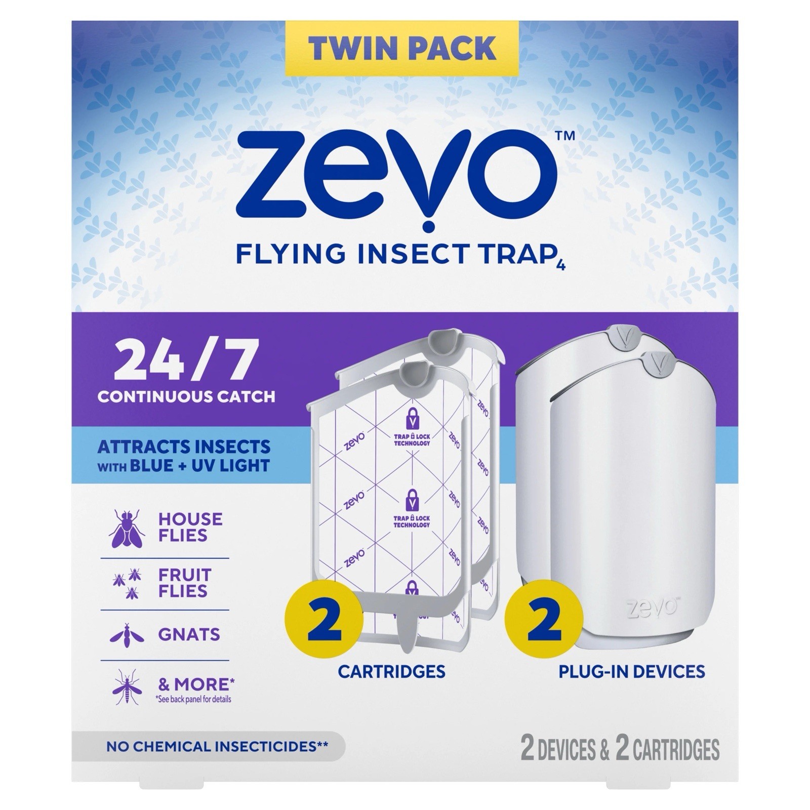 Zevo Plug-In Fly Trap 2 Plug-in Bases + 2 Cartridges UV Light (Dented Boxes) G19