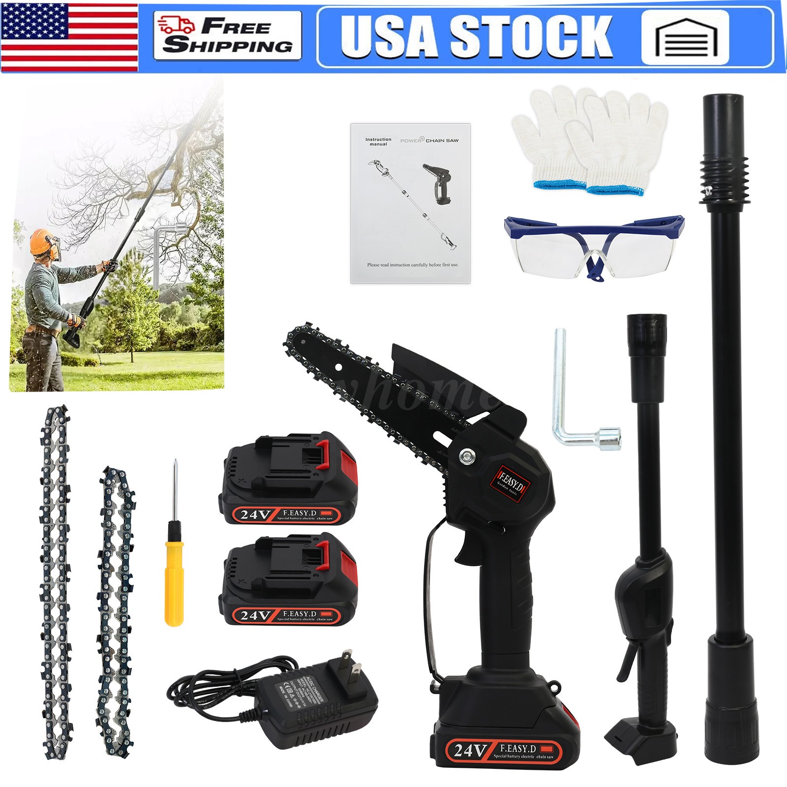2 in1 Cordless Pole Saw Brushless Mini Chainsaw for Tree Trimming w/ 2 Batteries