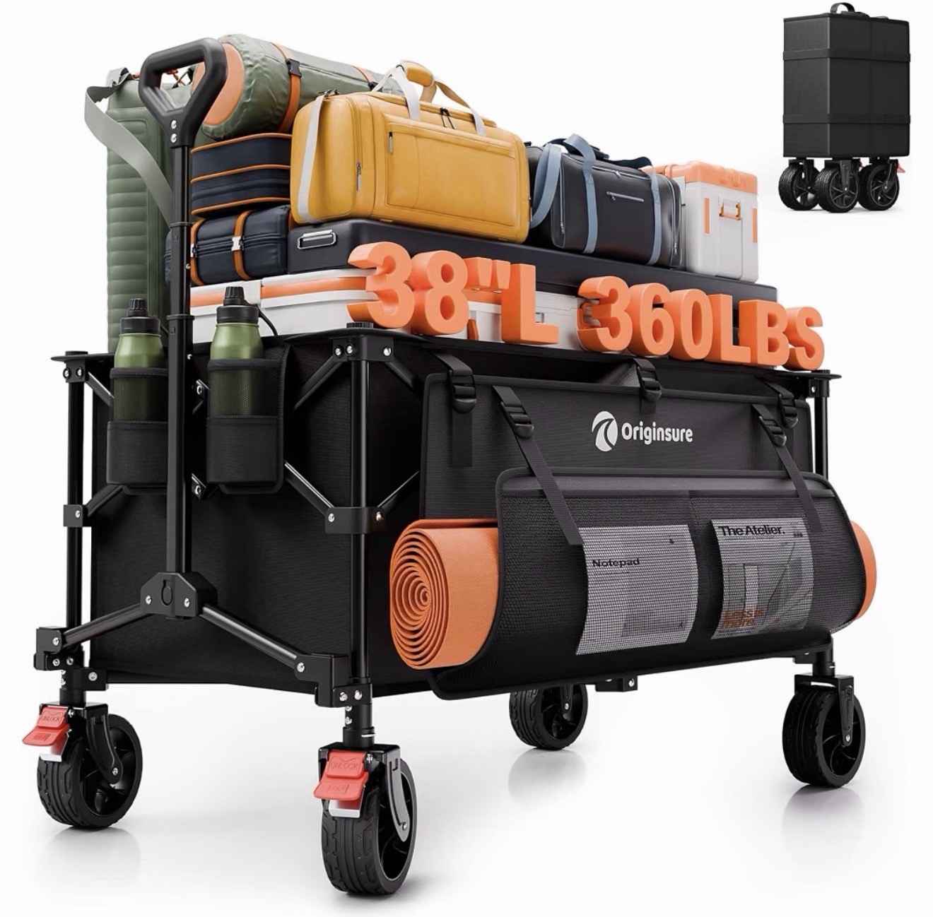 Originsure 38″L Collapsible Wagon Cart Foldable 360lbs Weight 220L Heavy Duty