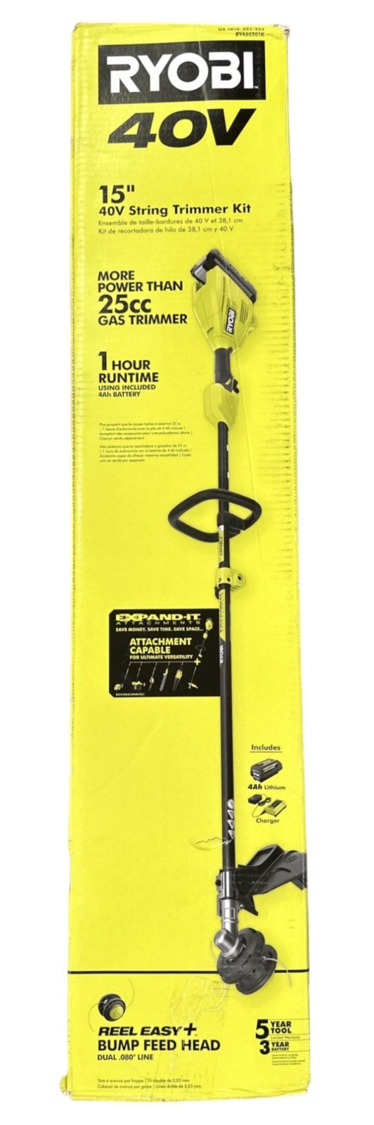 Ryobi 40V 15″ inch RY40ST01 Cordless Battery String Trimmer – Tool Only