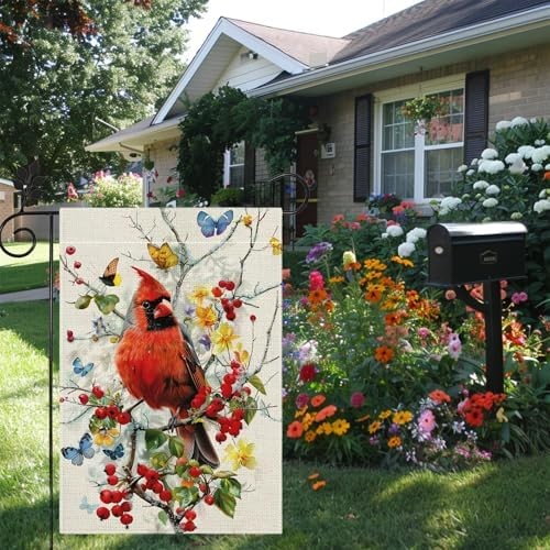Spring Summer Cardinal Bird Butterfly Floral Garden Flag 12×18 Inch Double Sided