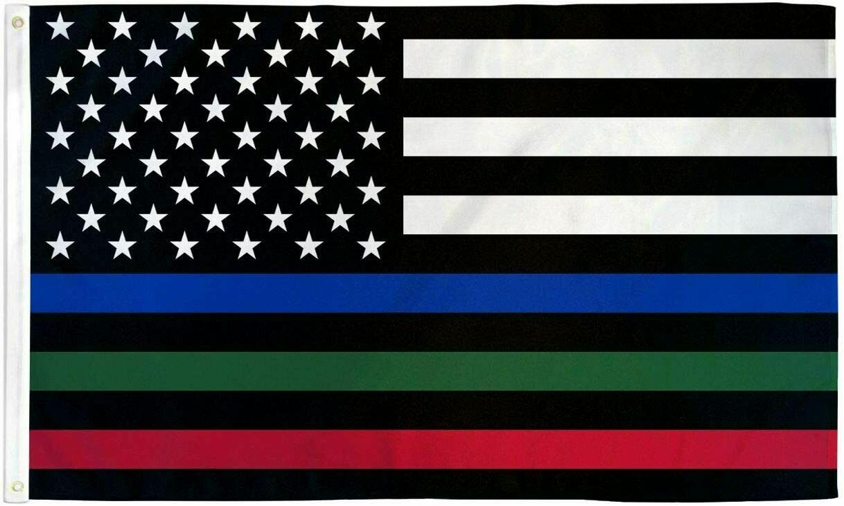 US MEMORIAL BLUE GREEN RED LINE FIREMEN POLICE MILITARY 3X5 FLAG ROUGH TEX® 100D