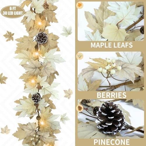 6 FT Realistic Fall Garland with Lights Timer Function Fall Leaves Style 2-6 FT