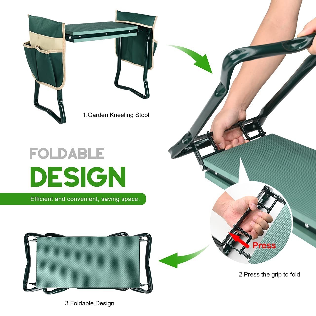 KVR Garden Kneeler and Seat with Soft Kneeling Pad, Heavy Duty, Green