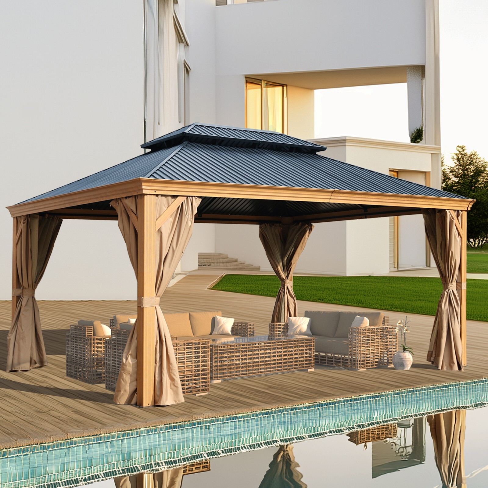 Aoodor 12’x 16′ Hardtop Gazebo Wooden Grain Coated Aluminum 2-Tier Steel Roof