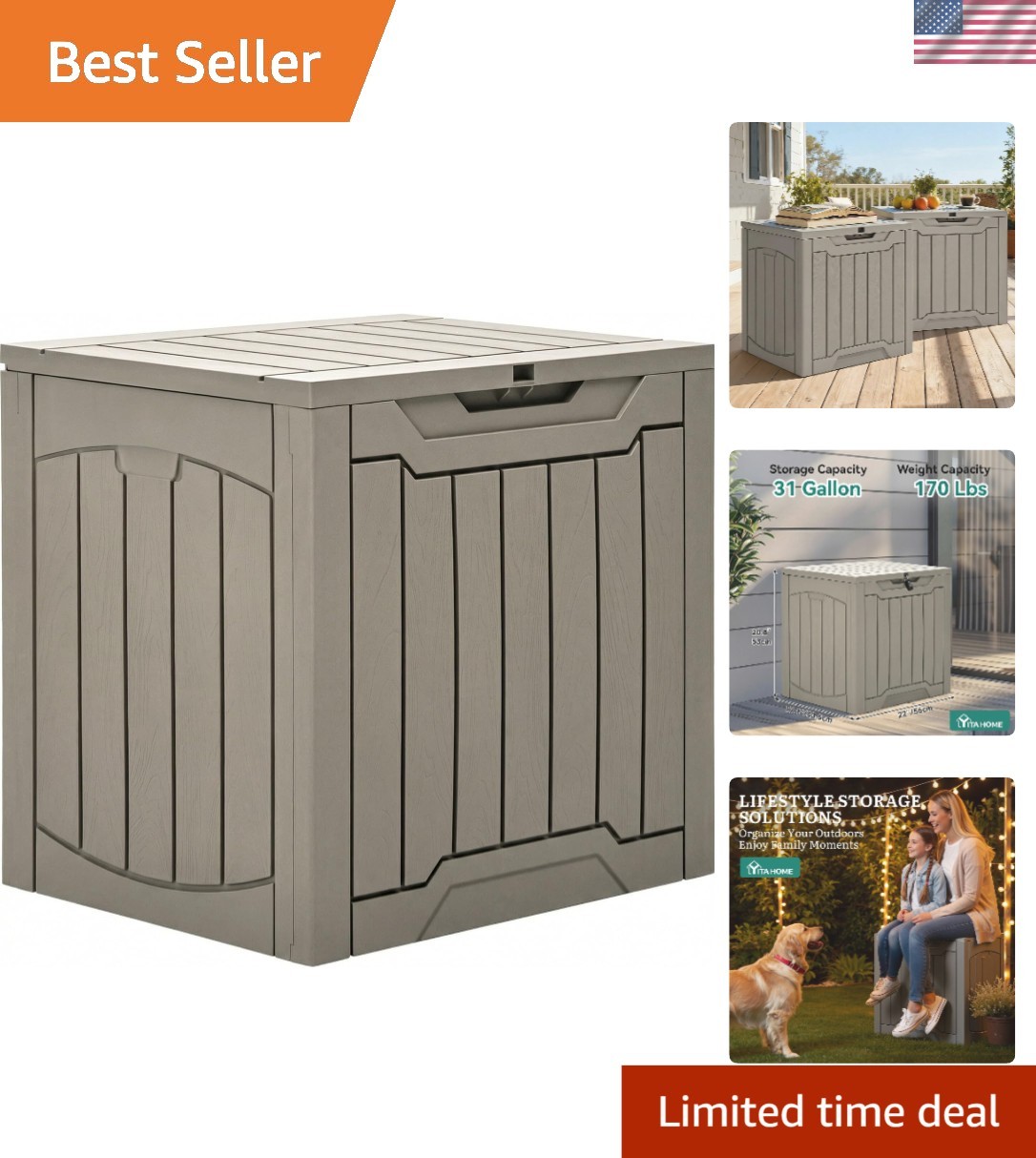 31-Gallon Waterproof Resin Deck Box for Outdoor Storage – Lockable Taupe Design