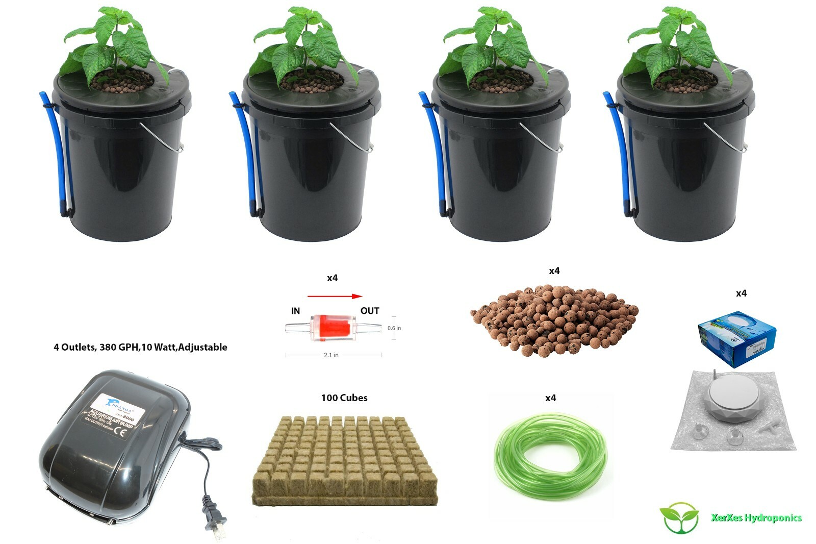 XerXes Nano Bubble Deep Water Culture DWC Hydroponic System, 5 Gallon [Set of 4]