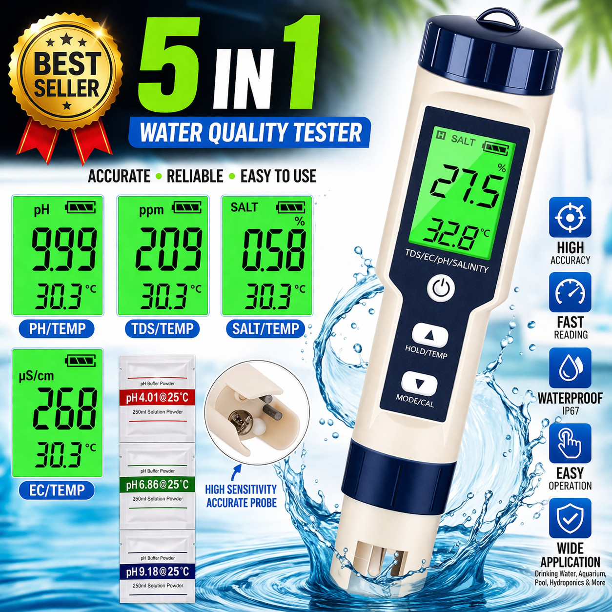 PH/TDS/EC/Salinity/Temperature 5 In 1 Digital Water Quality Meter Tester Tool US