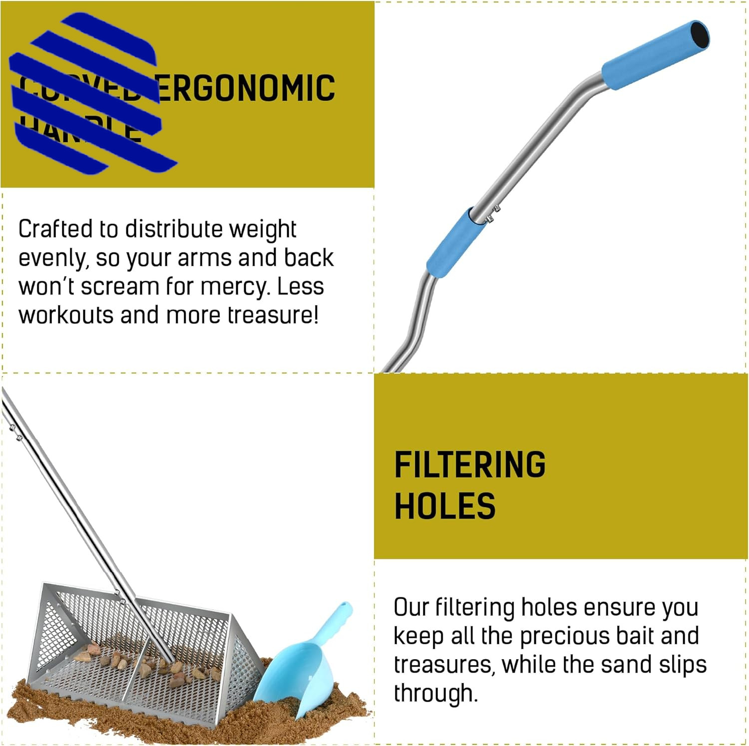 Heavy Duty 52″ Sand Flea Rake with 16″ Basket & Ergonomic Handle FREE SHIPPING