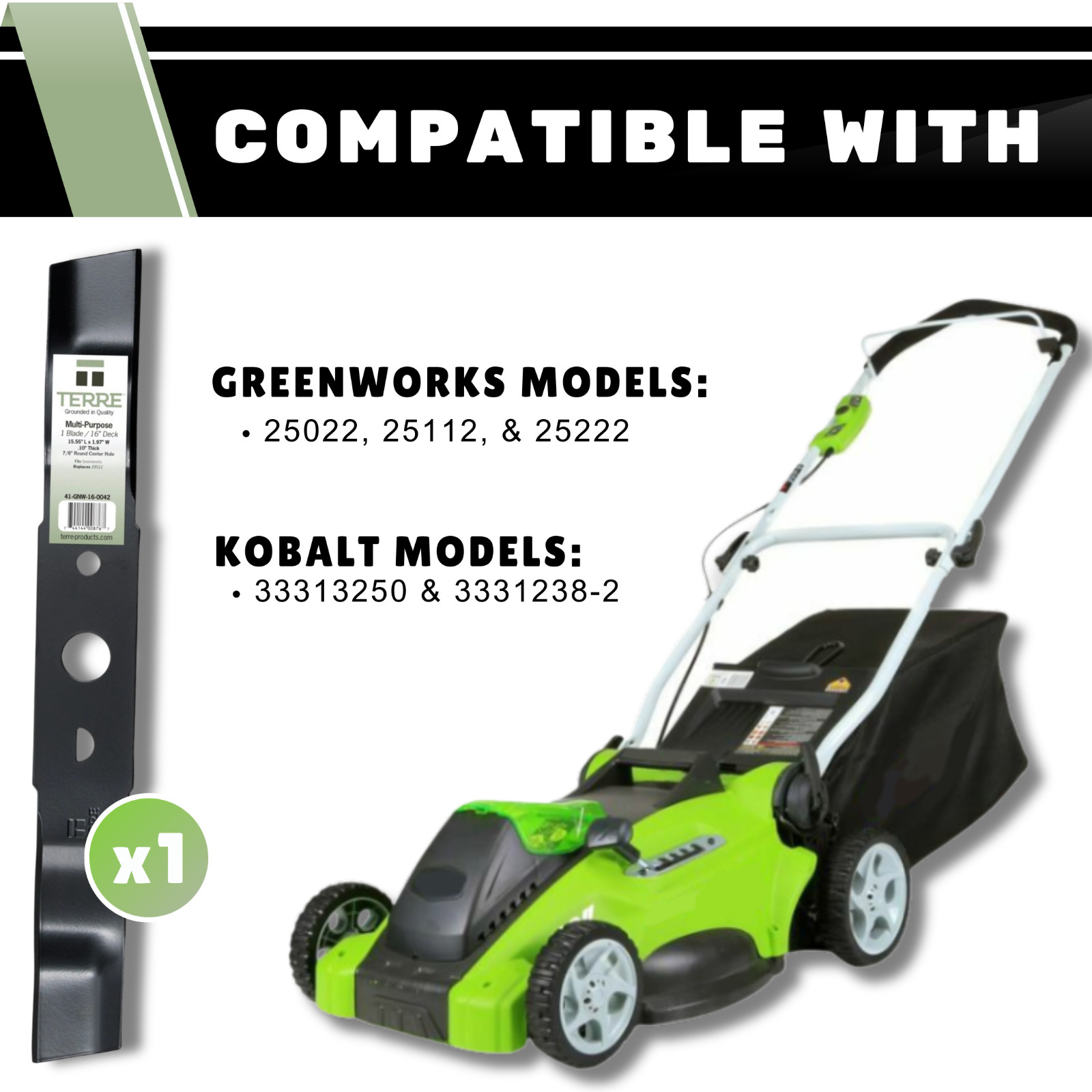 Terre Products Multi-Purpose Lawn Mower Blade 20” Deck Greenworks 25022, 25112