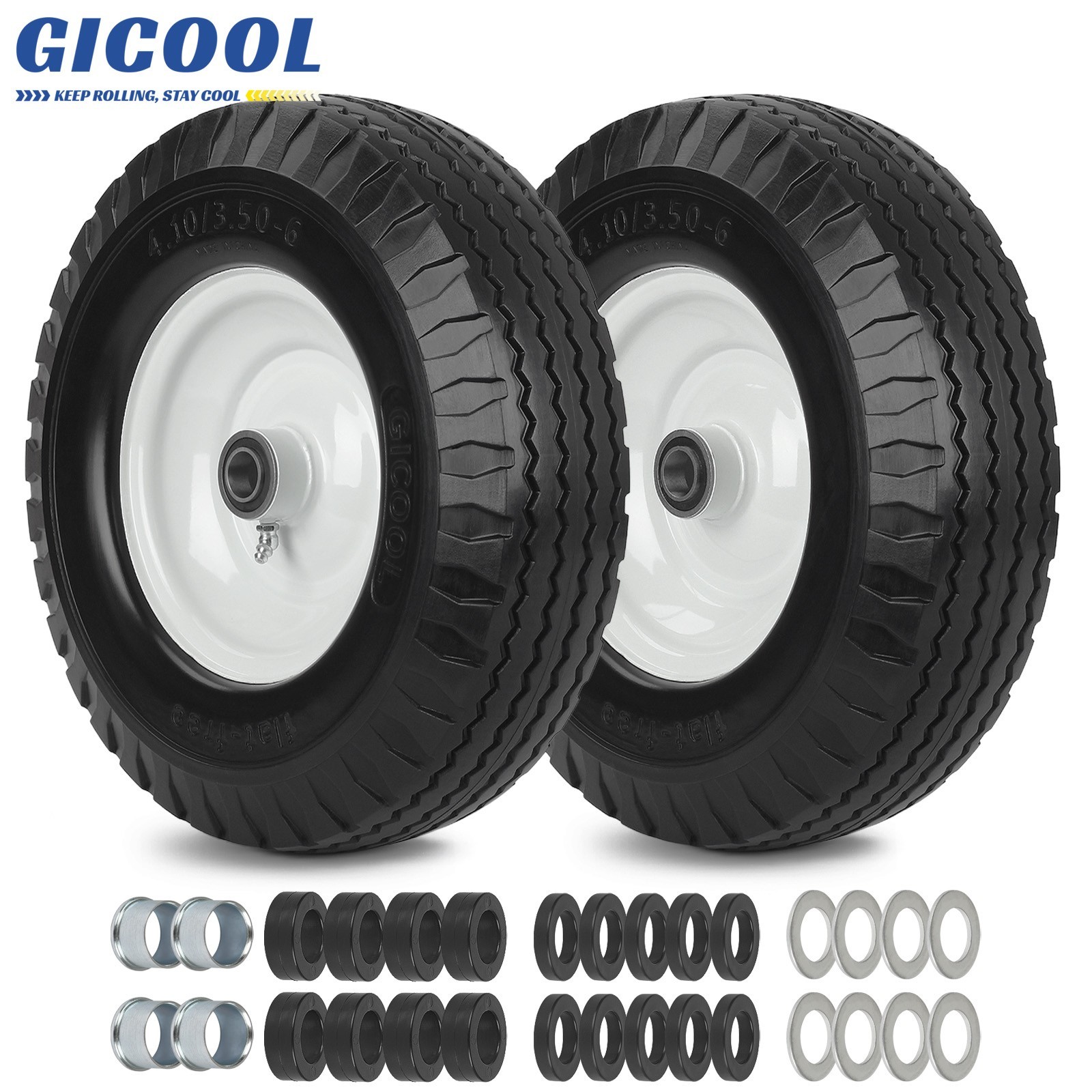 GICOOL 2 Pack 4.10/3.50-6 Flat Free Tire & Wheel for Wheelbarrow, Hand Truck