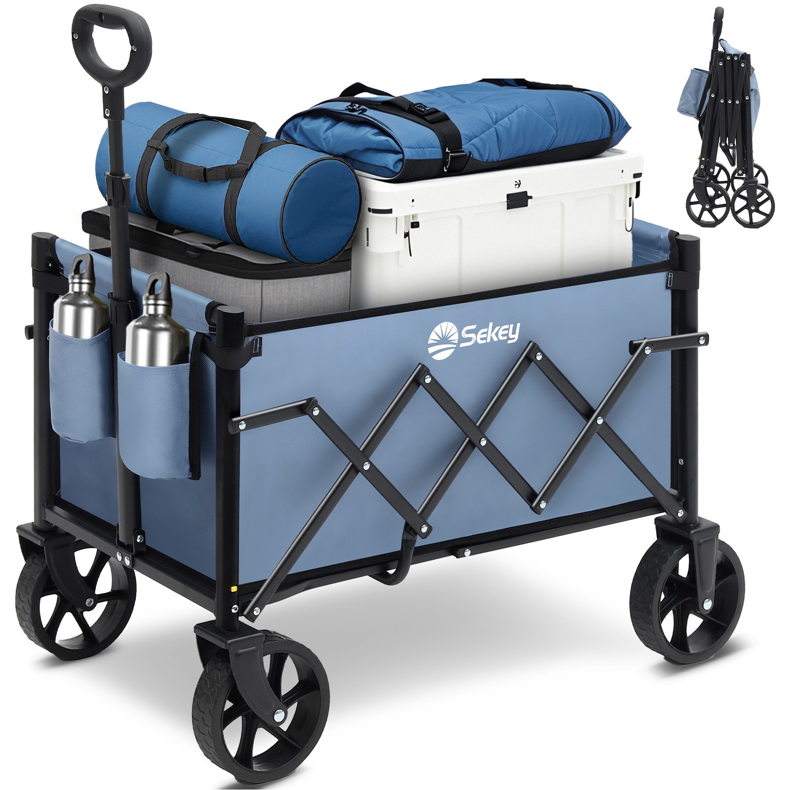 Sekey Wagon: 220LBS capacity, big wheels, foldable for shopping & camping. Blue.