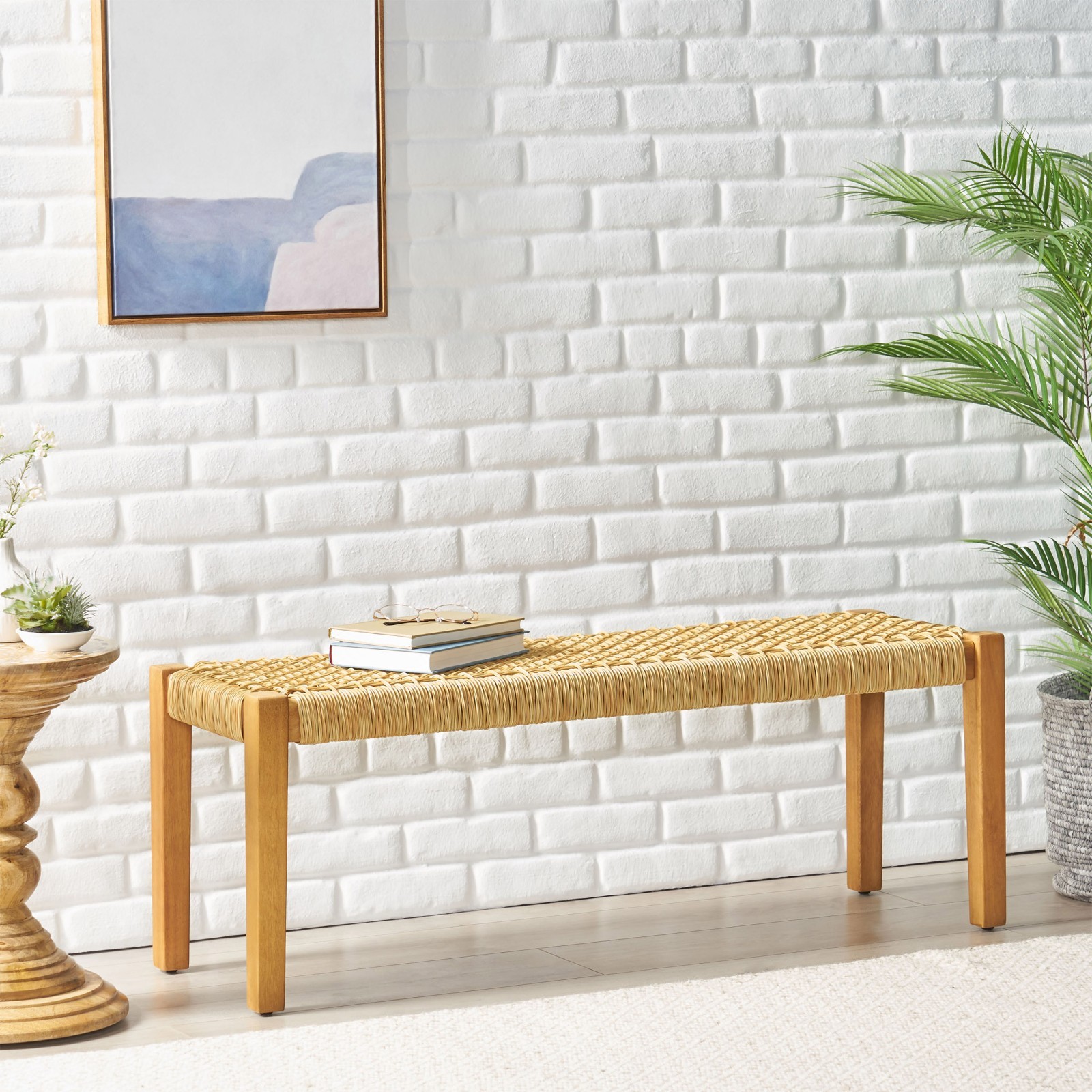 Acacia Wood Frame Woven Rope Seat Dining Bench, Indoor & Outdoor Entryway Patio