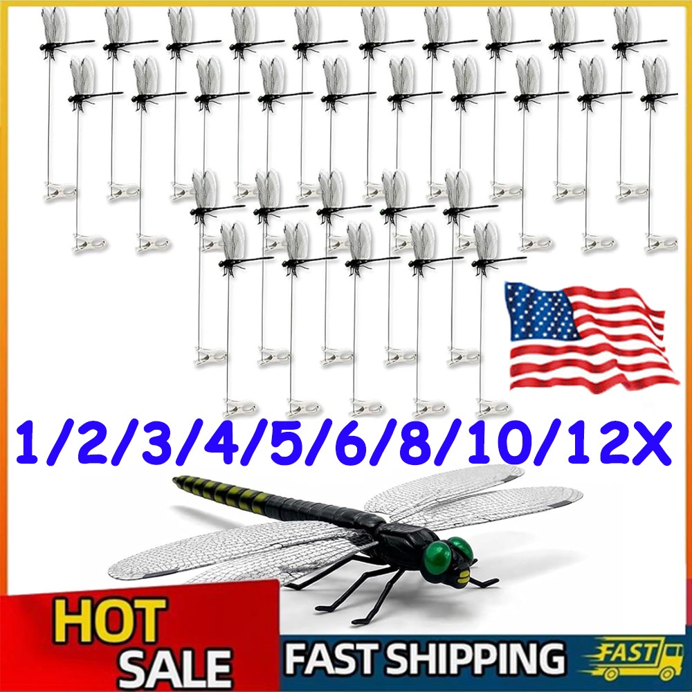 1-12Pcs Fake Dragonfly Rod Clip Insect Repellent 3D Artificial Dragonfly