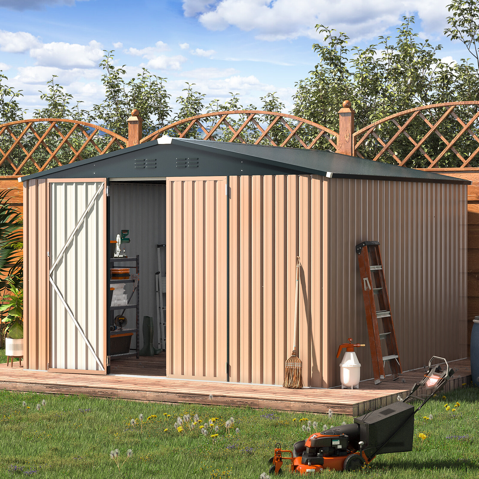 AECOJOY 4’x6’/ 6’x8′ Outdoor Metal Storage Shed for Garden Tools Lockable Door