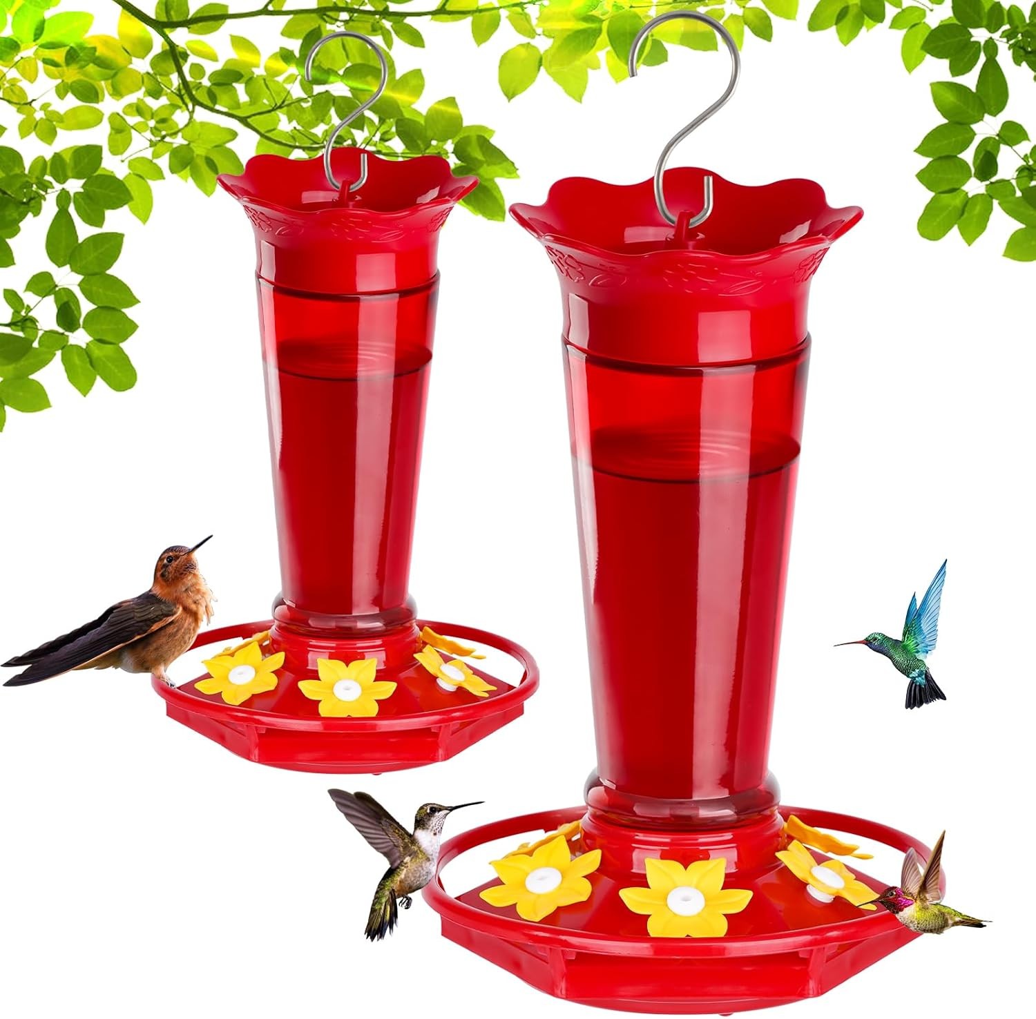 10 OZ Glass Hummingbird Feeders Outdoors Hanging Red 2 Pack Ant & Bee Proof