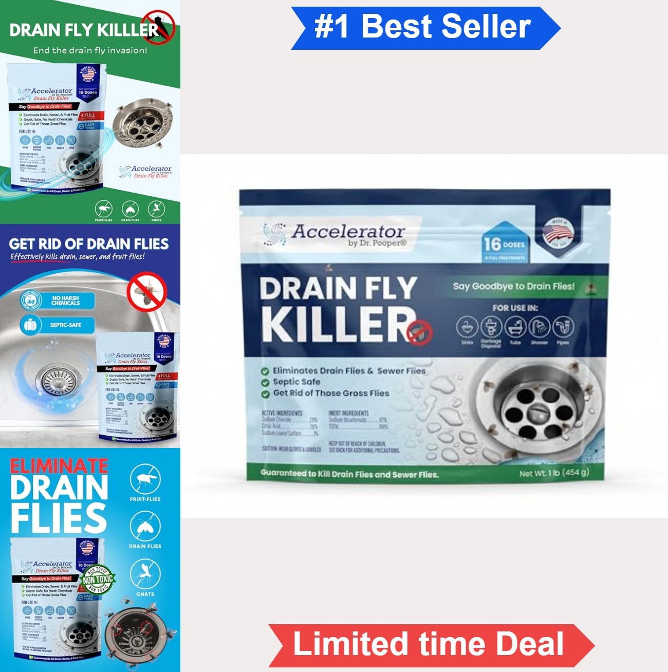 Drain Fly Killer Powder 16oz Septic Safe Foaming Treatment Sink Shower Floor