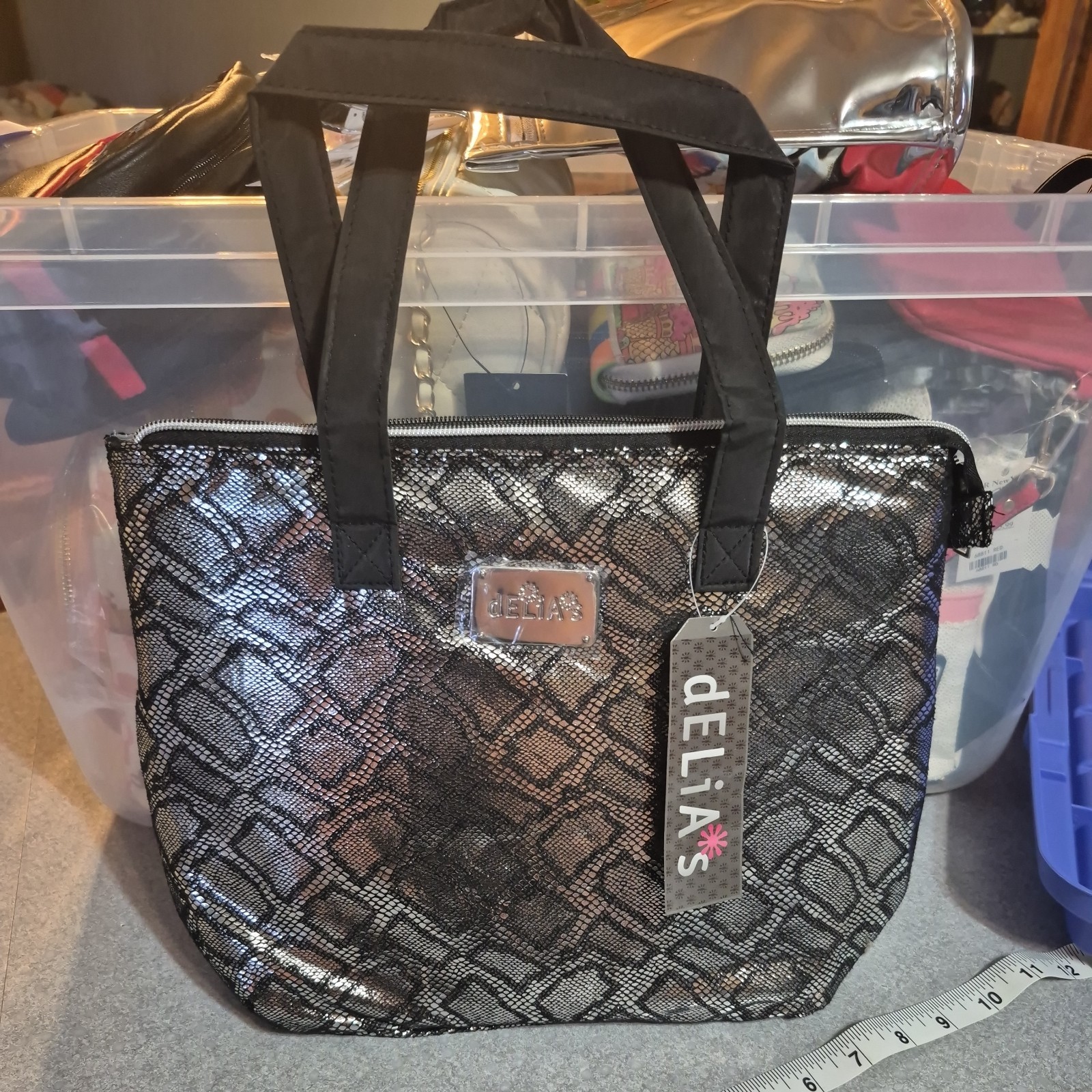 Delia’s black and silver faux snakeskin metallic vinyl zip lunch tote/ handbag