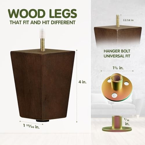 Yes4All 4-Inch Square Wooden Furniture Legs Set of 4, Brown Mid-Century Modern F