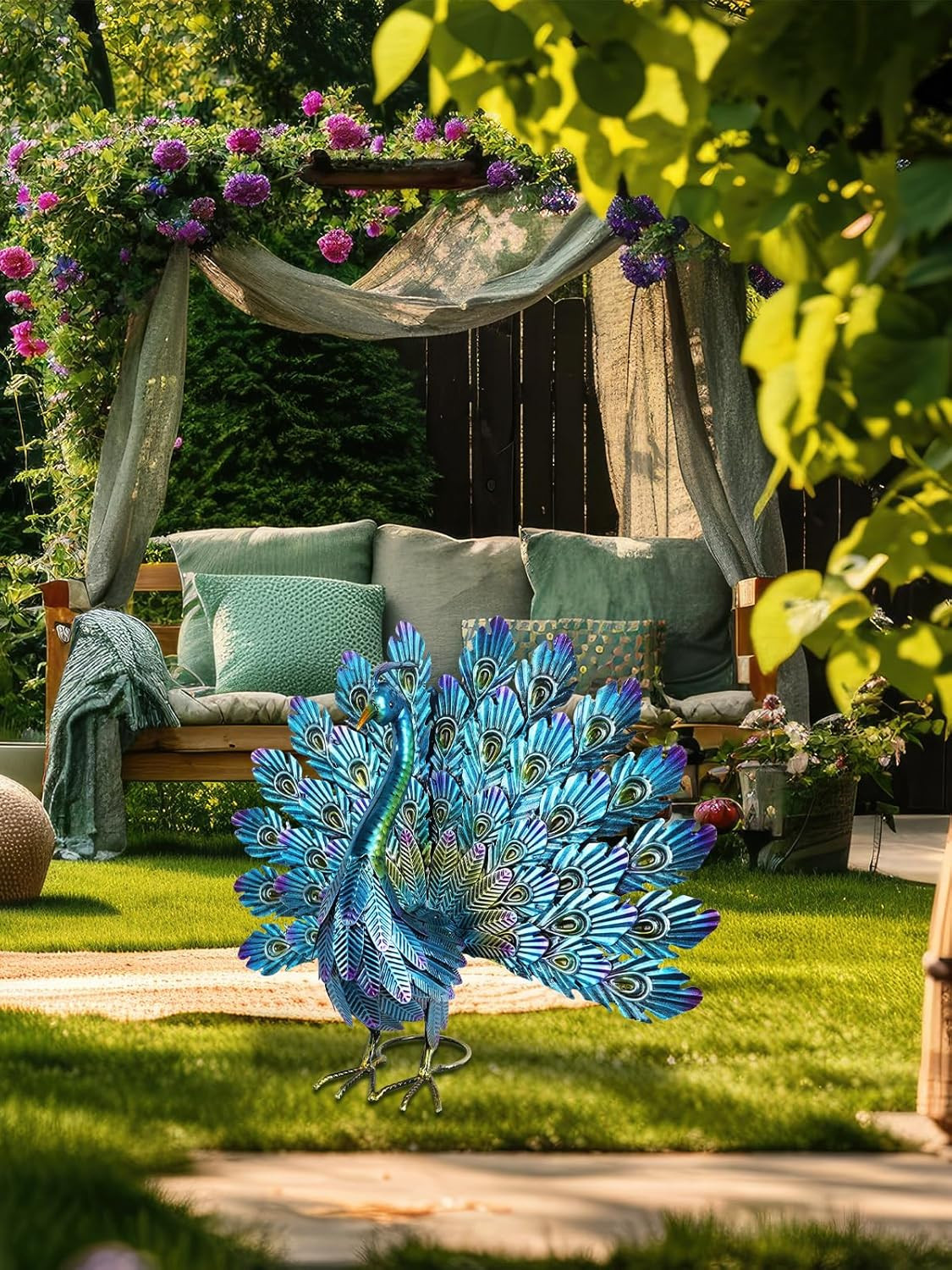 Garden Decor Outdoor Statues, 22.4″ Large Metal Peacock Standing Yard Art, Blue