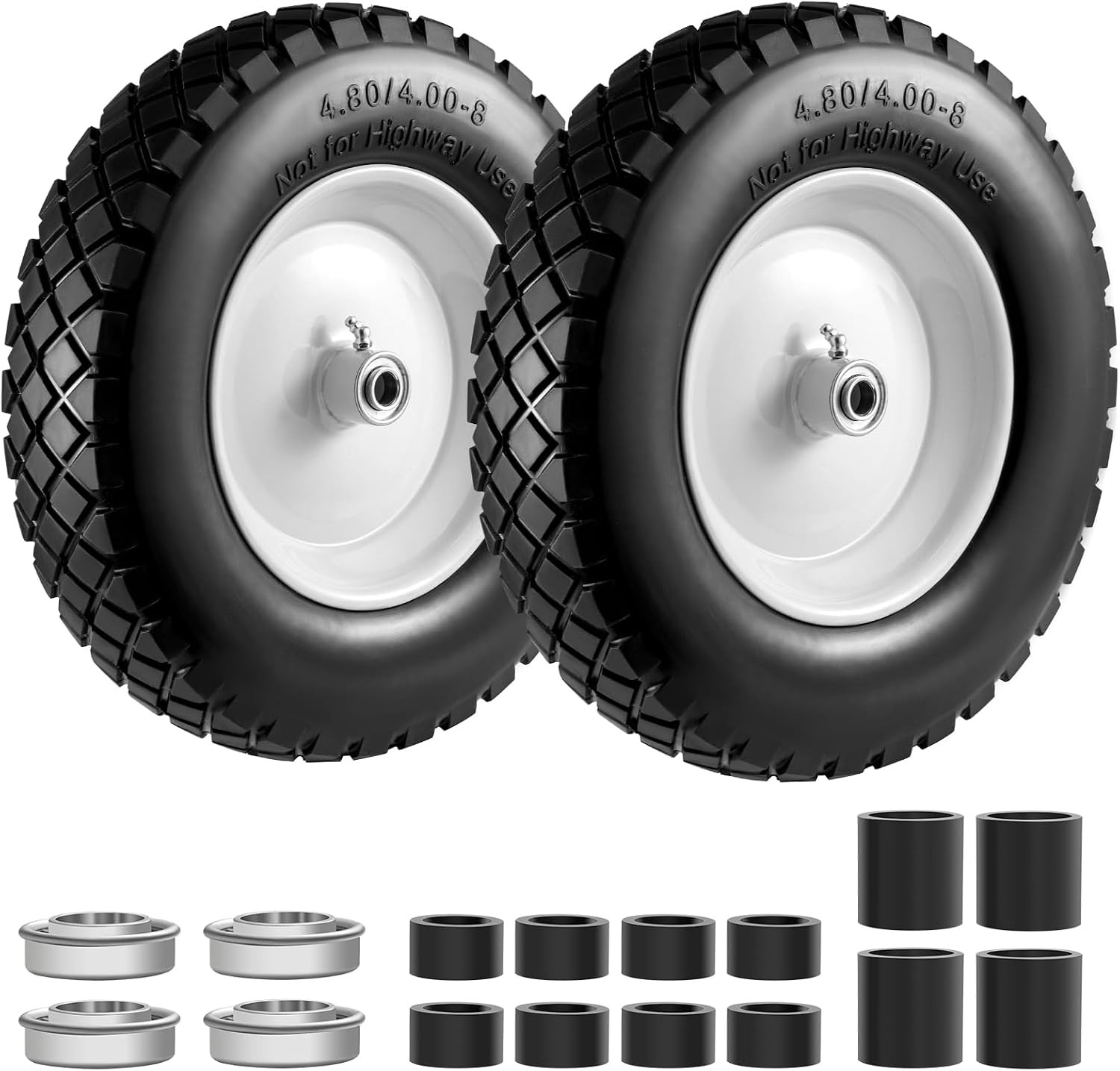 4.80/4.00-8″ Tire and Wheel Flat Free 2 PCS, 16″ Solid Wheelbarrow Tire with 5/8