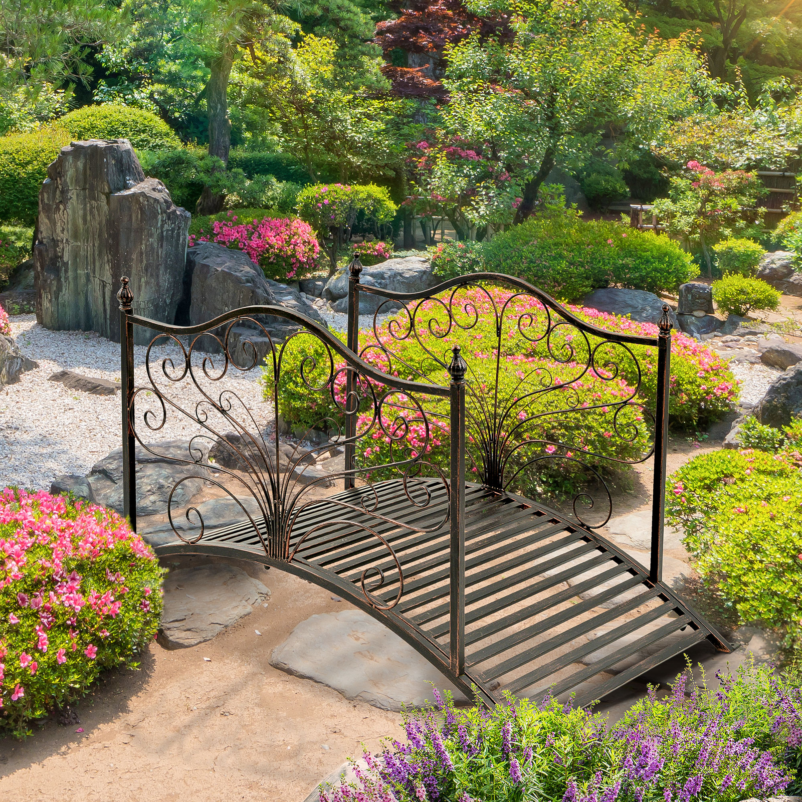 4 Foot Curved Outdoor Metal Decorative Pond Garden Bridge Black Bronze