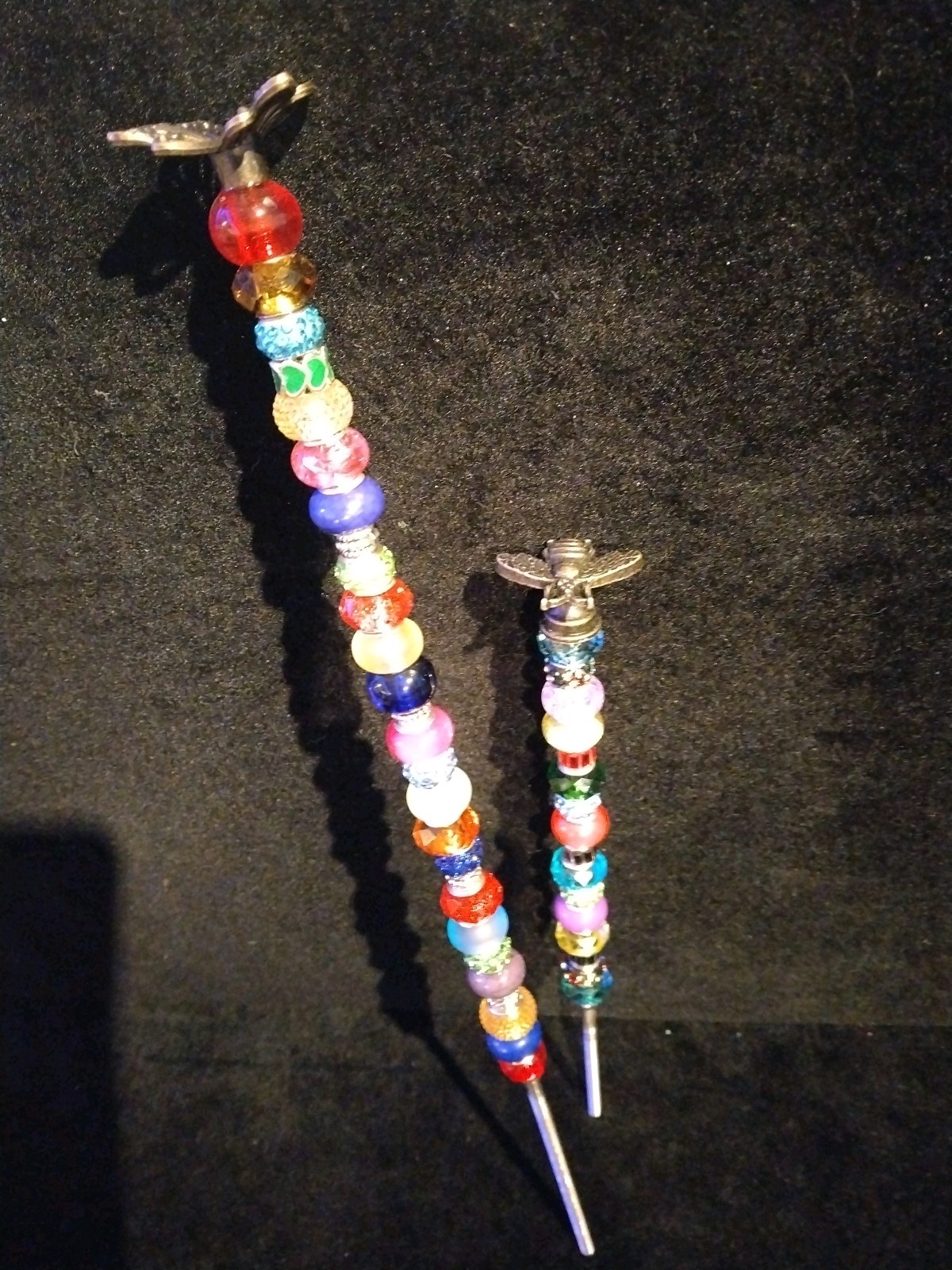 Set/2 Bronze Butterfly Bee Multicolor Beaded Garden Plant Fairy Stakes 12″ & 8″