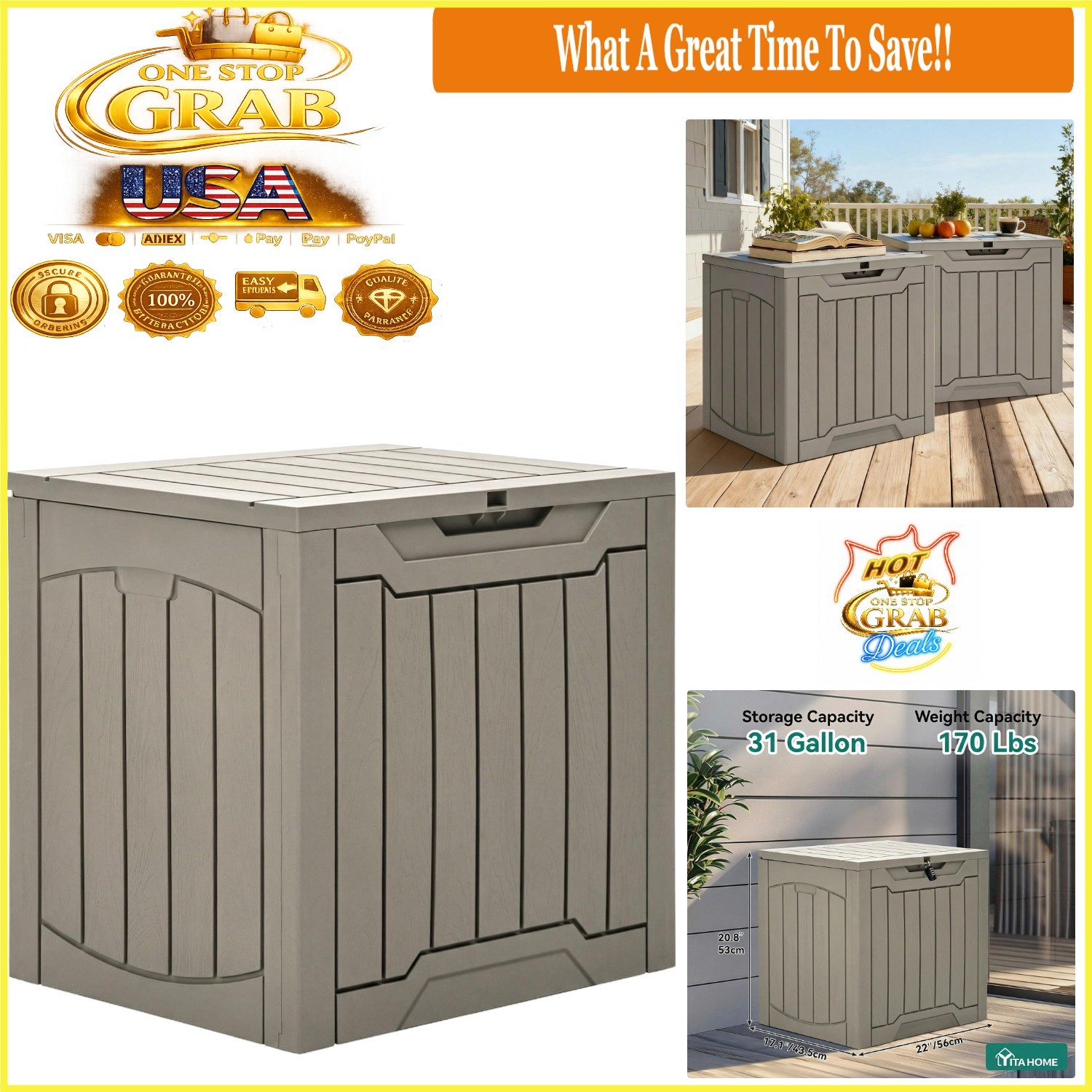 Outdoor Resin Deck Box 31 Gallon Waterproof Lockable Storage Taupe