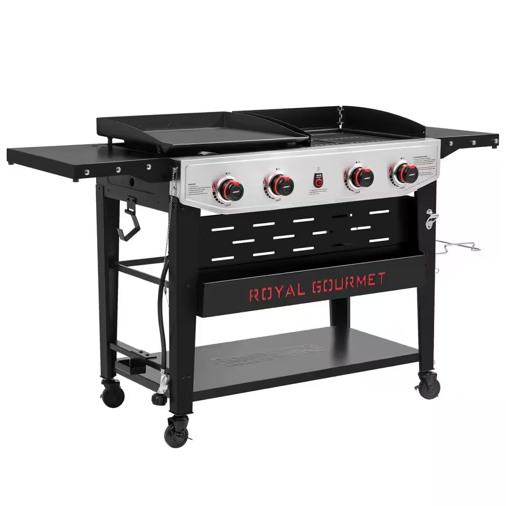 4-Burner Gas Grill and Griddle Combo with Cooking Grates, Black and Silver, Heav
