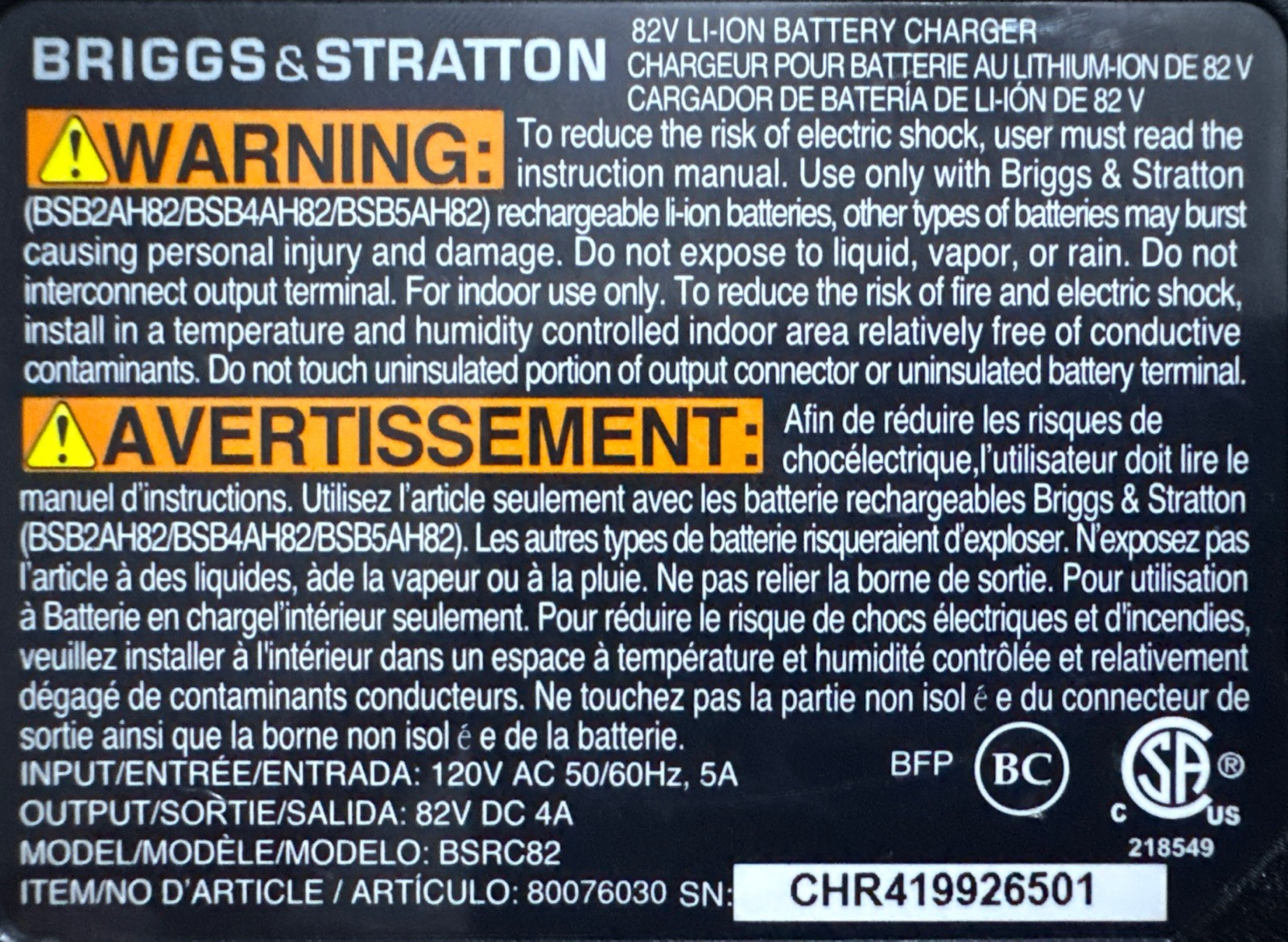 Briggs & Stratton 82V MAX Rapid Charger 1760263 OEM Lithium-Ion Battery Charger