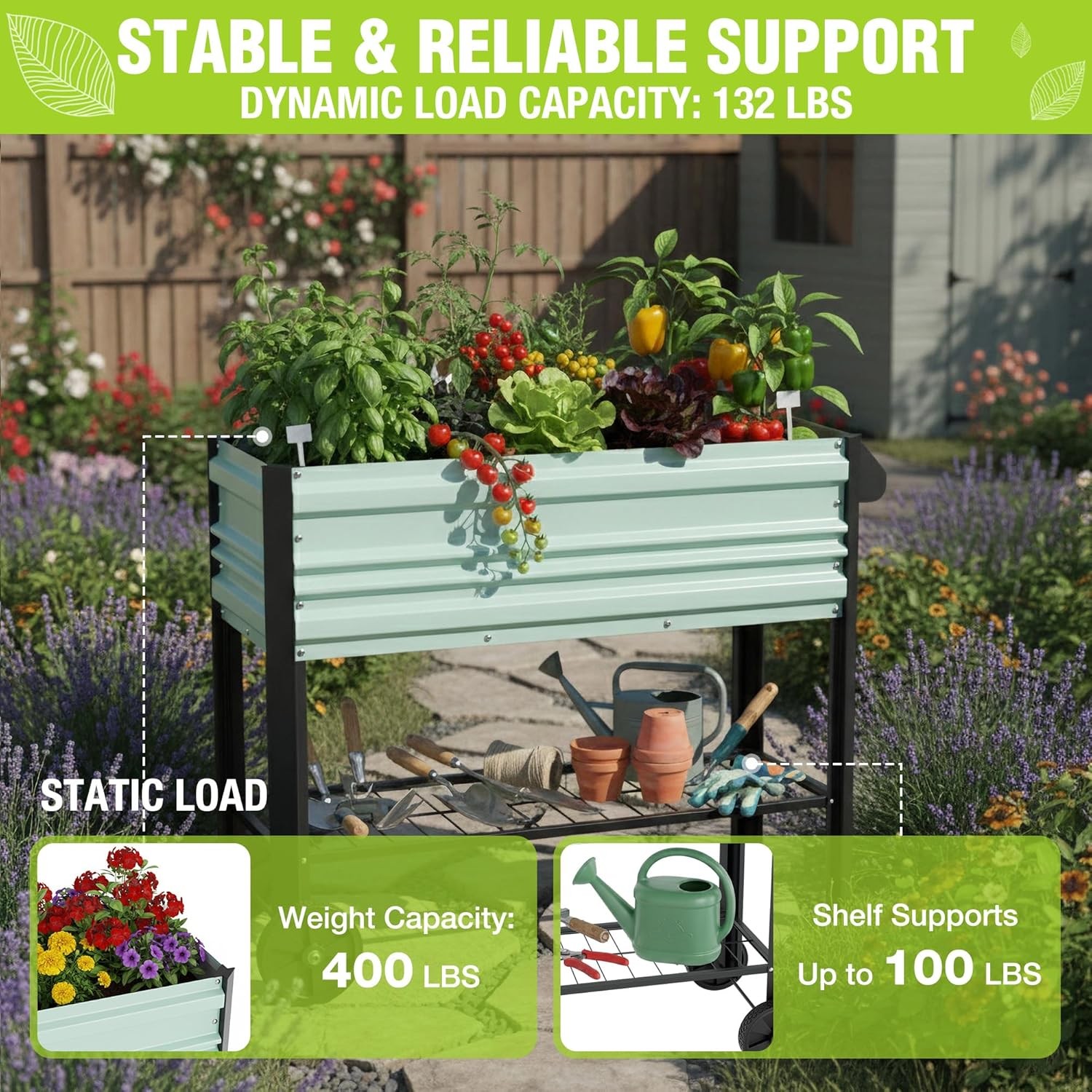 WORKPRO 37×14.6×31.6″ Galvanized Raised Garden Bed w/Legs Wheels 400LBS Capacity