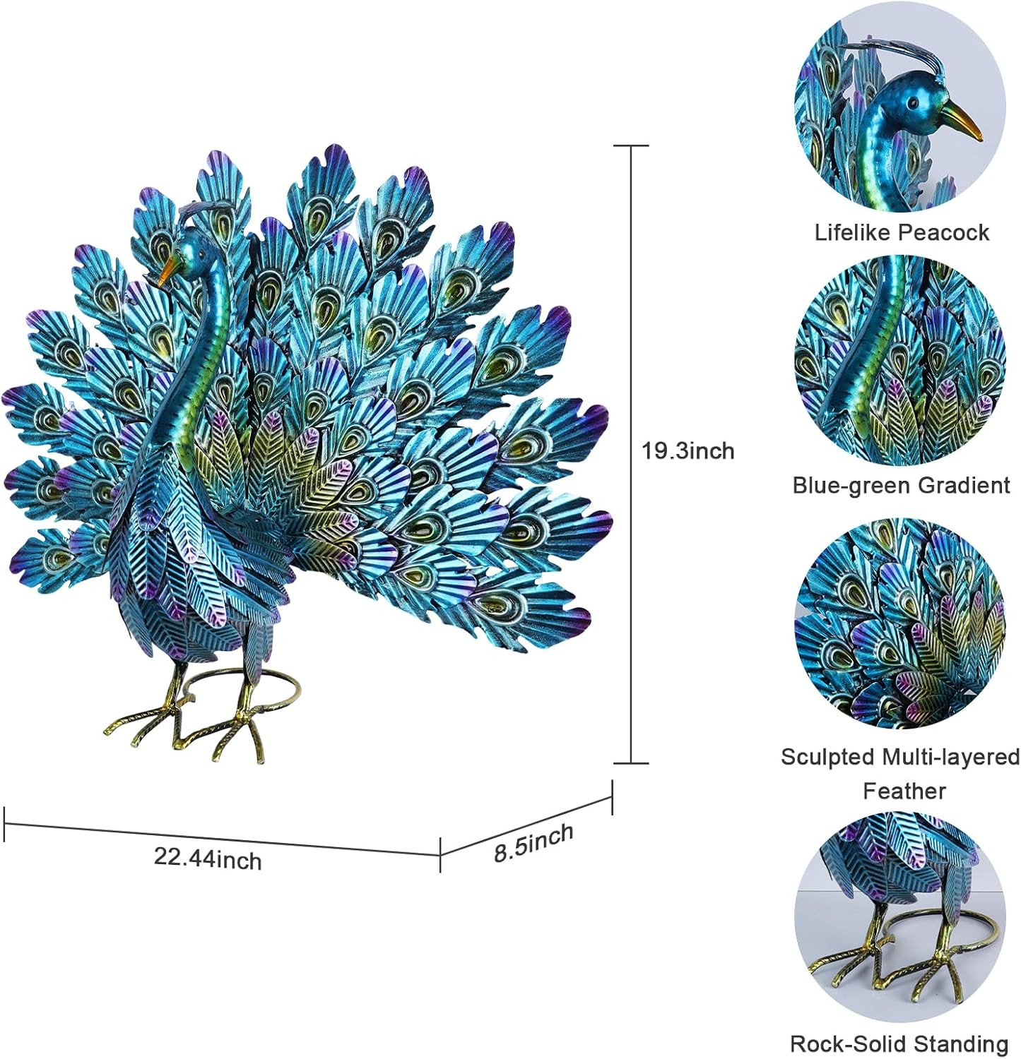 Garden Decor Outdoor Statues, 22.4″ Large Metal Peacock Standing Yard Art, Blue