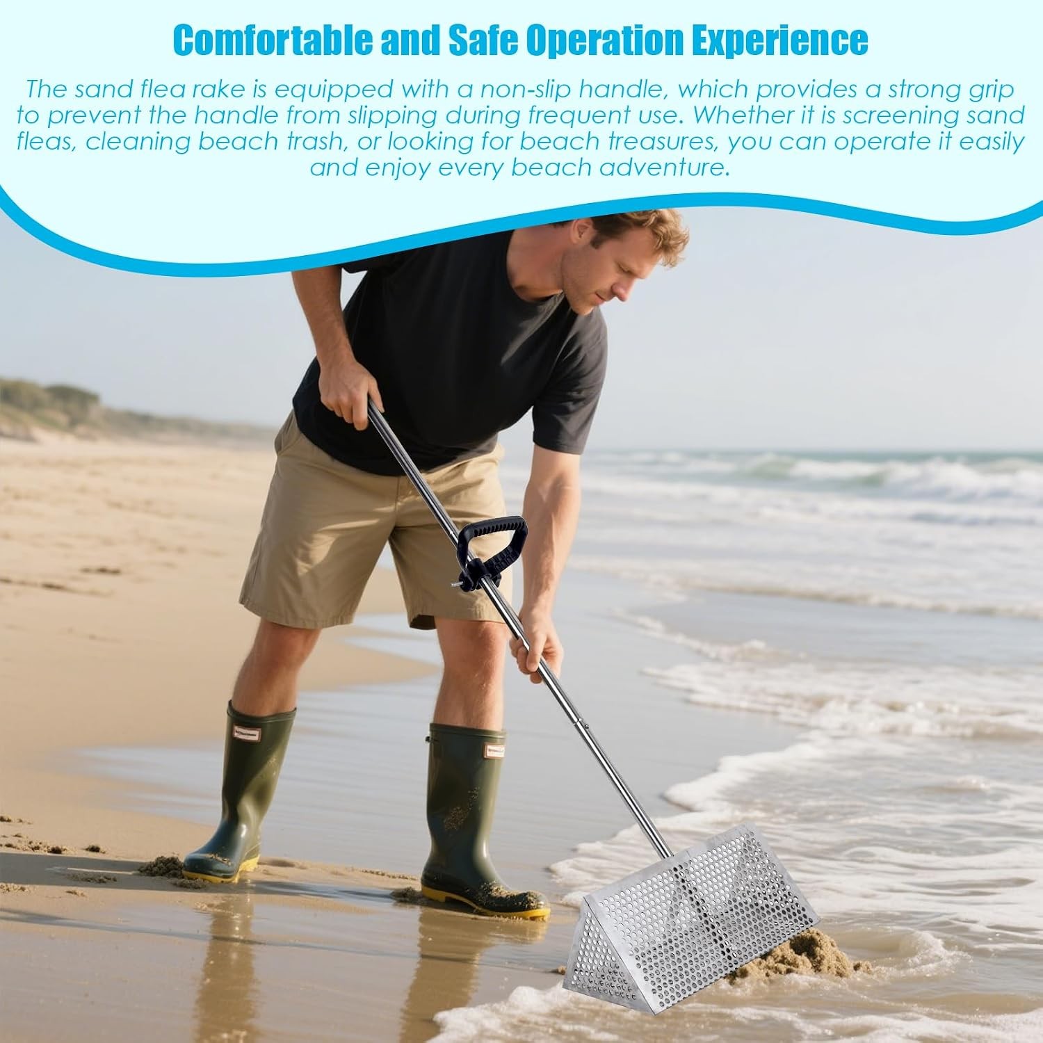 Detachable Sand Flea Rake 16 Inch Wide Screen with 51 Inch Handle
