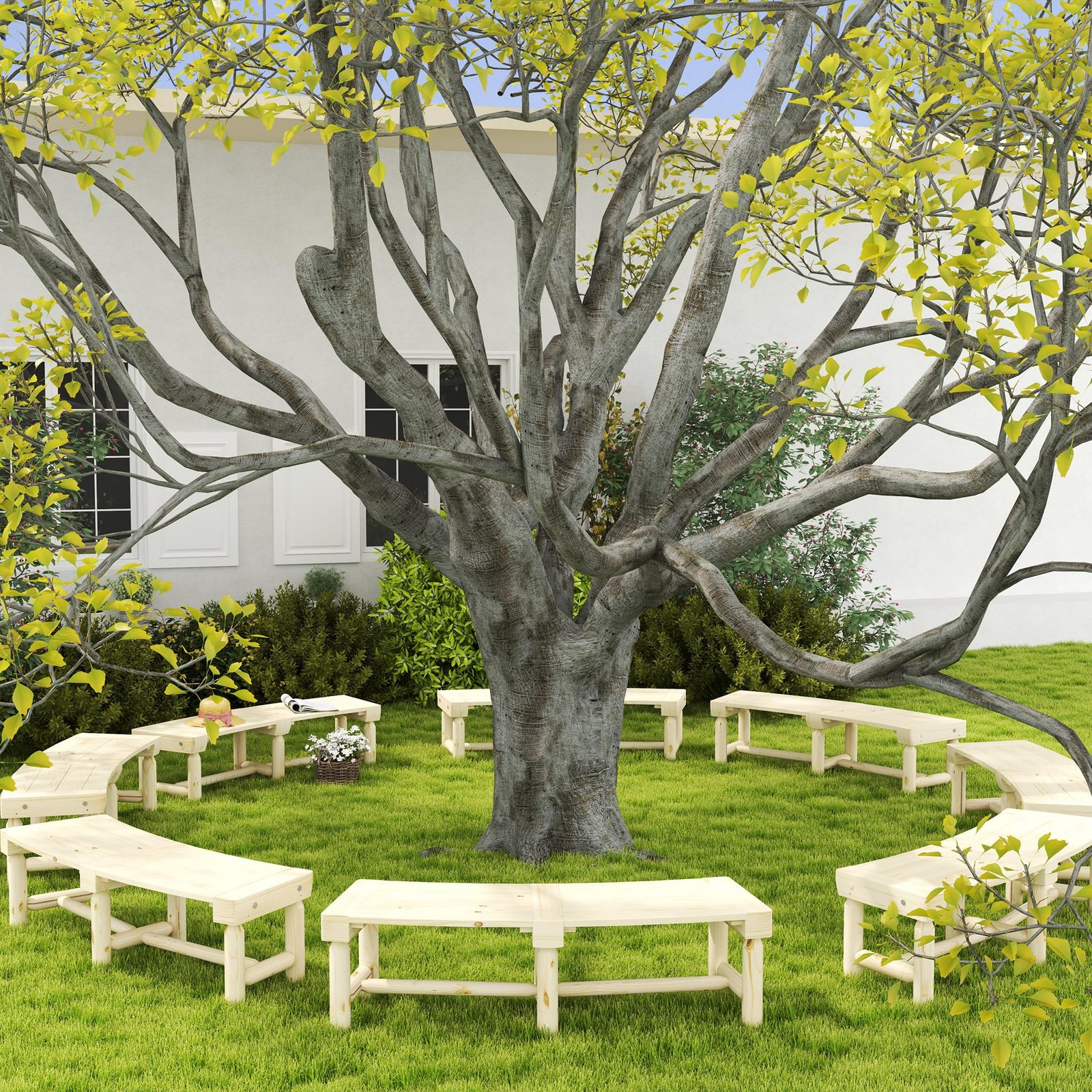 Outsunny Wooden Semicircular Round Wrap Around Garden Bench – Natural