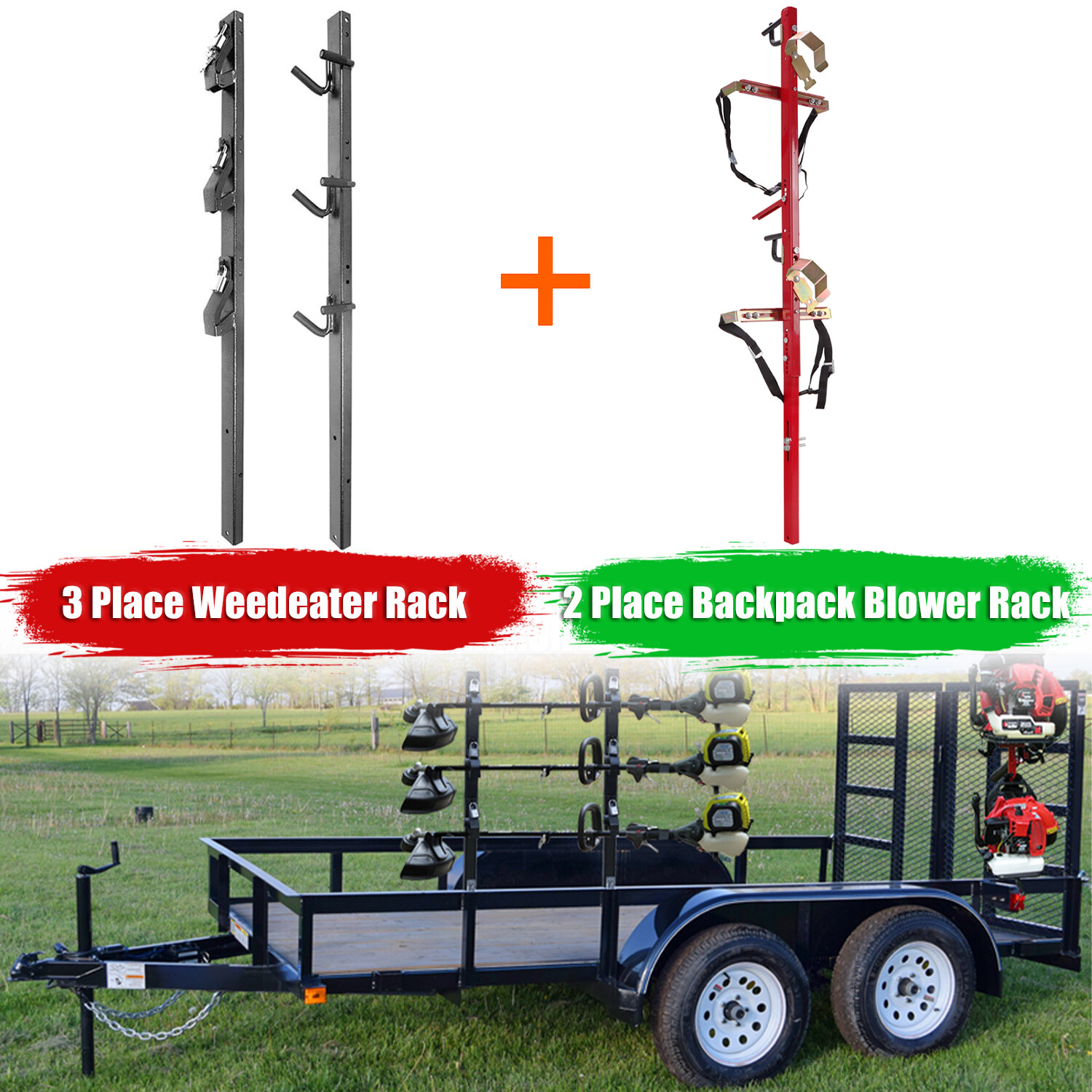 3 Place Weedeater Rack and 2 Place Backpack Blower Rack for Open Trailer