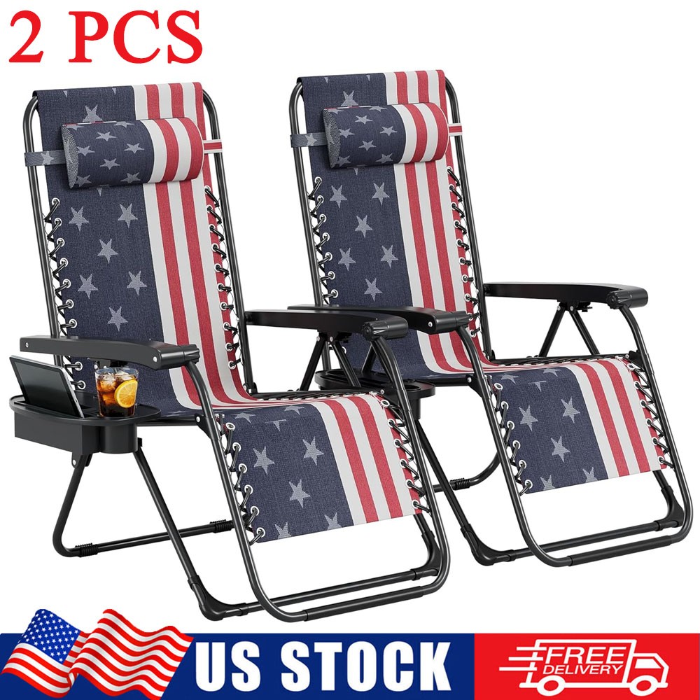 2-Pack Zero Gravity Chair 300lb Patio Beach Pool Recliner w/ Pillow & Cup Holder