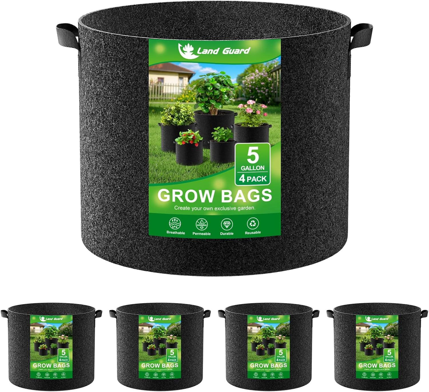 Land Guard 4-Pack Fabric Grow Bags 5 Gallon, Thickened Nonwoven Garden Pots