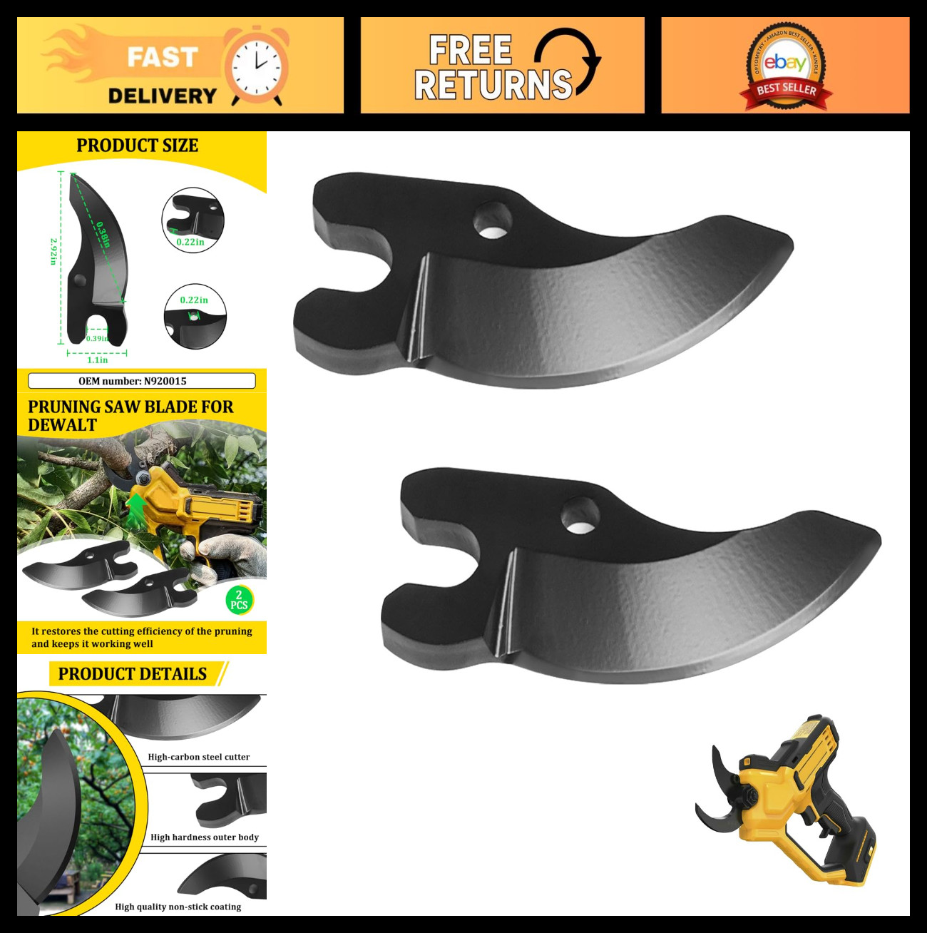 2 Packs Replacement Pruning Shear Blades for Cordless Pruner DCPR320, 20V MAX
